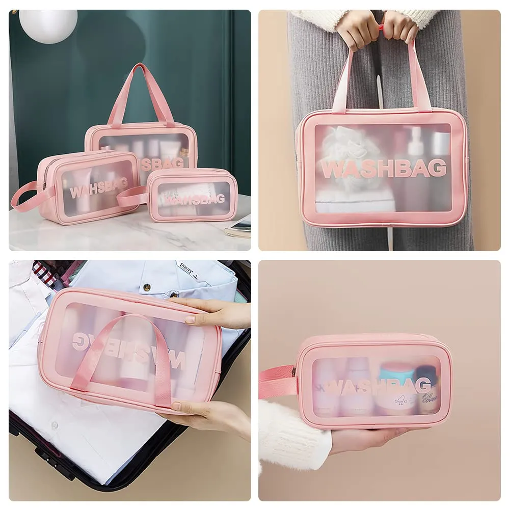Aucuu Borse Da Toilette Trasparente in PVC, Set di 3 Pezzi, Beauty Case Impermeabile per Viaggio e Cosmetici - immagine 7