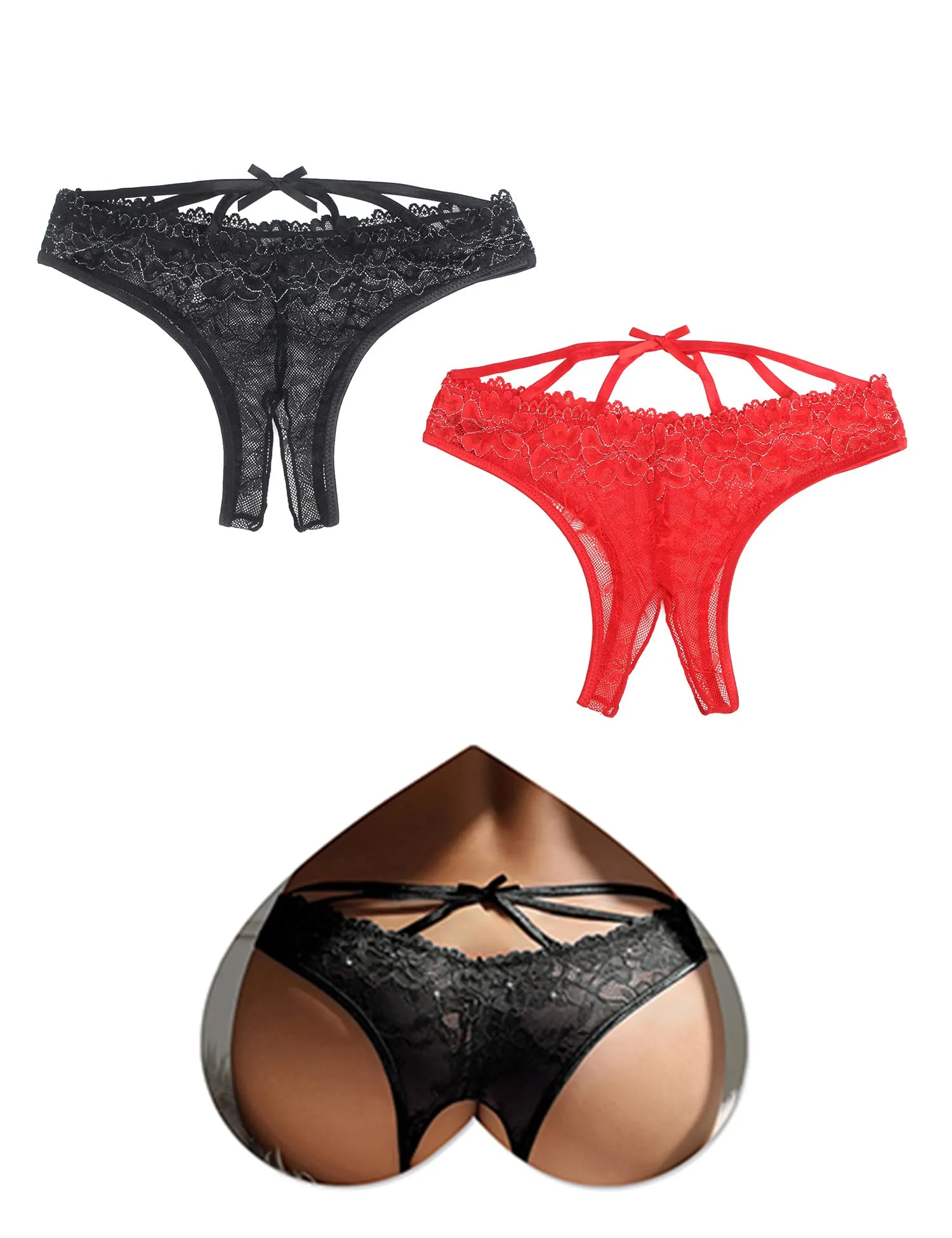 ohmydear Perizoma Pizzo Donna Aperto Trasparente Floreale, 2 Pezzi - immagine 1