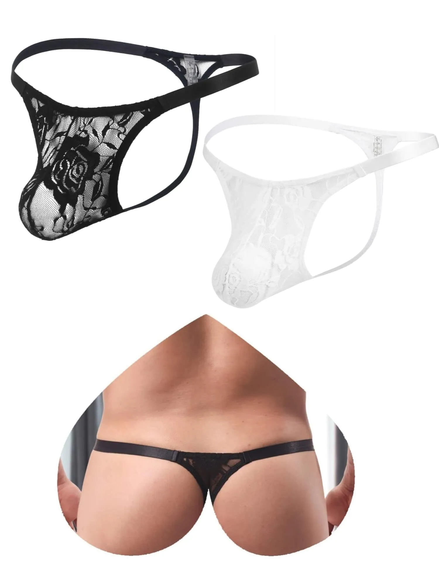ohyeahlady Perizoma Filo Uomo in Pizzo, L, Nero+Bianco - immagine 1