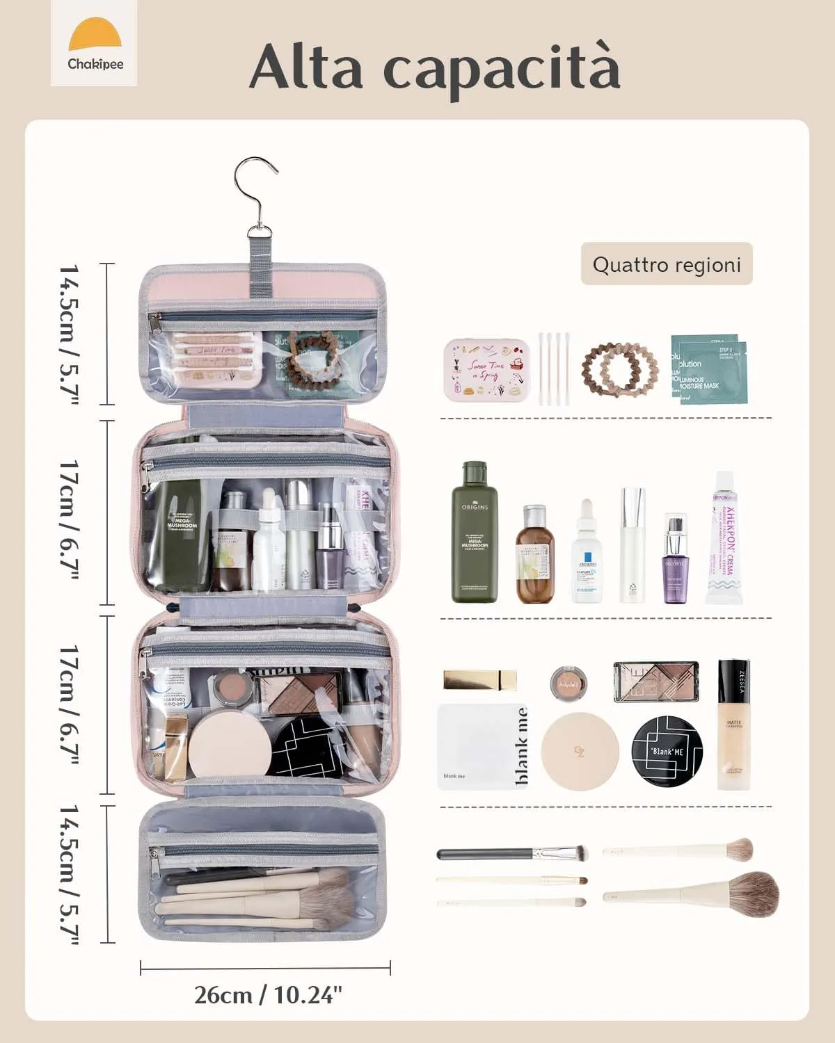 Chakipee Beauty Case da Viaggio da Appendere, Organizer Trucchi Impermeabile con Finestra Trasparente, Rosa, Media - immagine 3