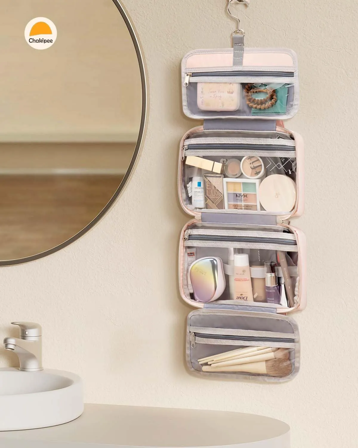 Chakipee Beauty Case da Viaggio da Appendere, Organizer Trucchi Impermeabile con Finestra Trasparente, Rosa, Media - immagine 7