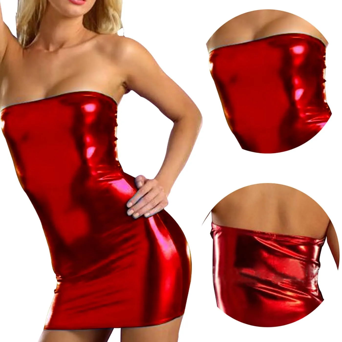 KFLY Abito da donna sexy mini effetto bagnato in pizzo bodycon con cerniera, rosso, Taglia unica - immagine 4