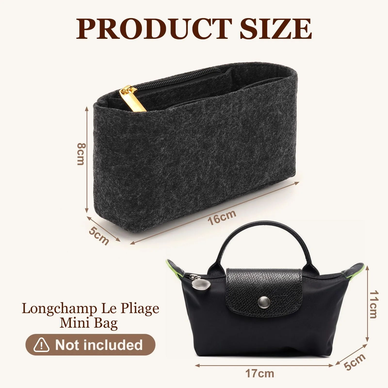 AIDUCHO Organizer in feltro per Longchamp Le Pliage Mini, Grigio Scuro - immagine 2
