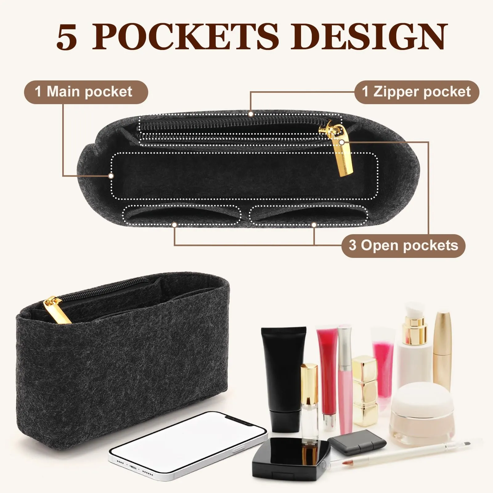 AIDUCHO Organizer in feltro per Longchamp Le Pliage Mini, Grigio Scuro - immagine 3