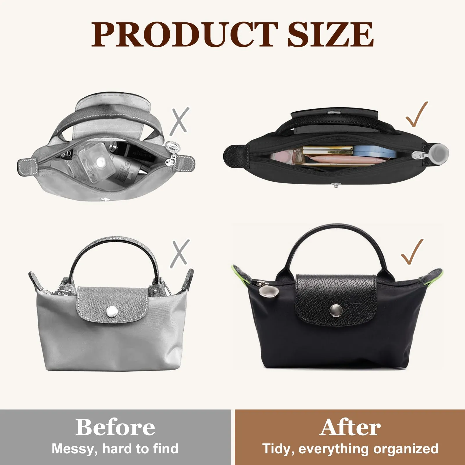 AIDUCHO Organizer in feltro per Longchamp Le Pliage Mini, Grigio Scuro - immagine 5