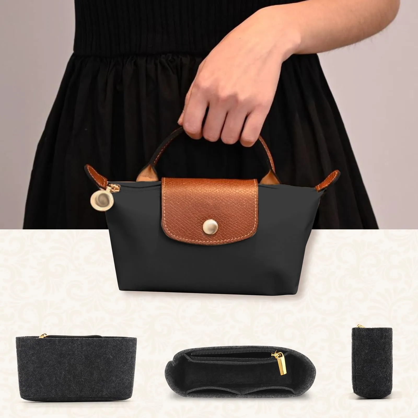 AIDUCHO Organizer in feltro per Longchamp Le Pliage Mini, Grigio Scuro - immagine 7