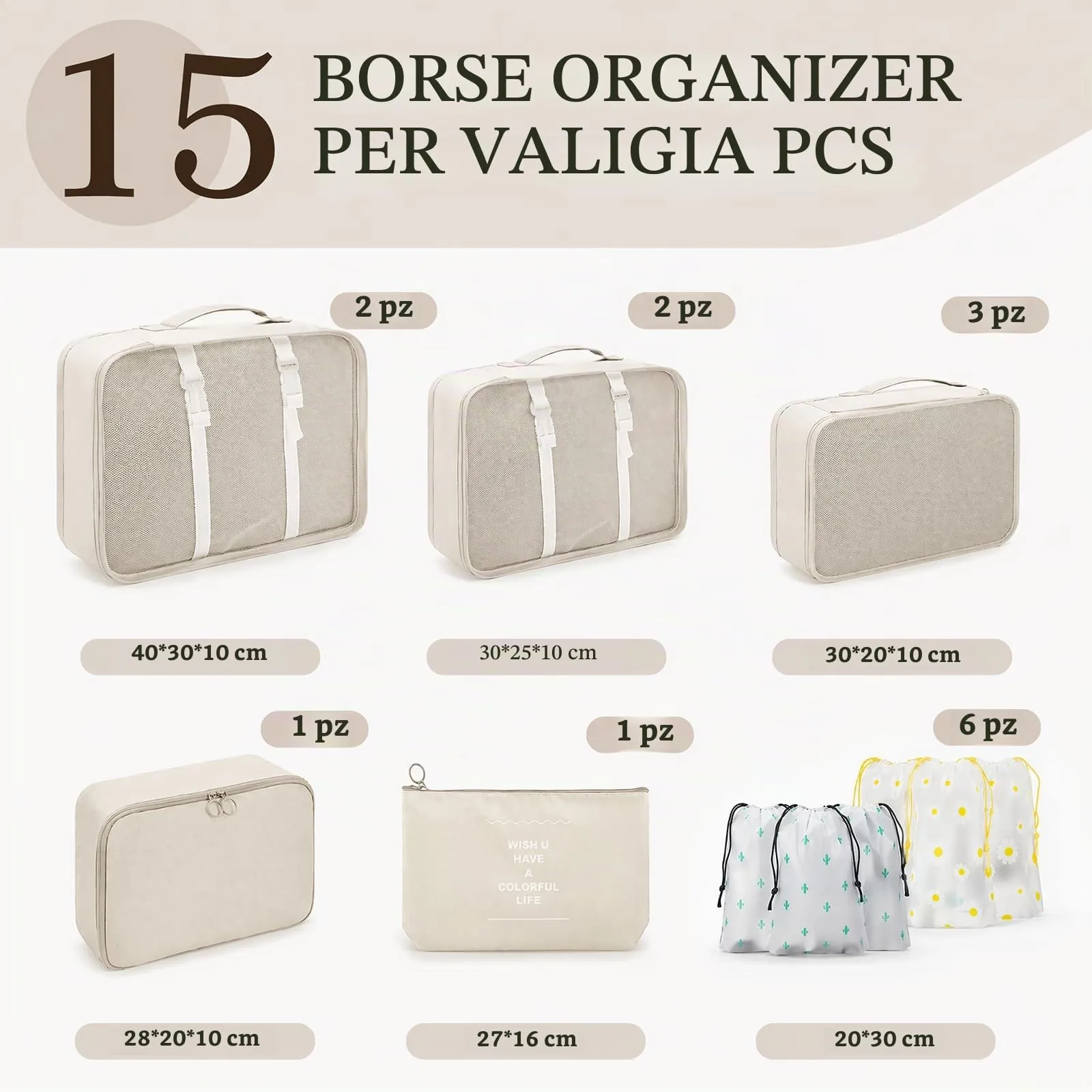 ZOVRIXIA Set Organizer Valigia 15 Pezzi, Packing Cubes e Divisori Accessori Viaggio - immagine 2