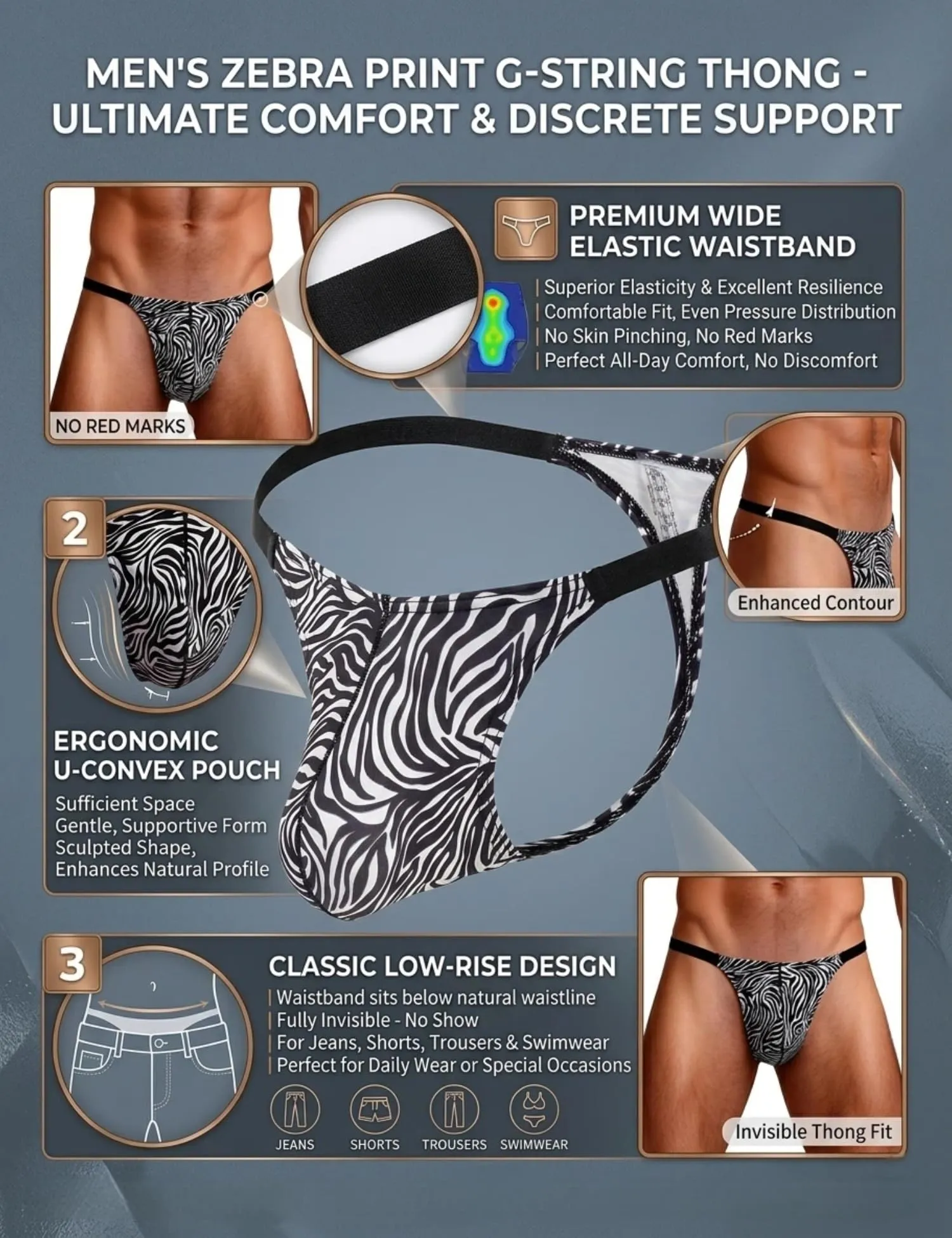 ohyeahlady Perizoma Filo Uomo Micro, Taglia M, Zebrato - immagine 5
