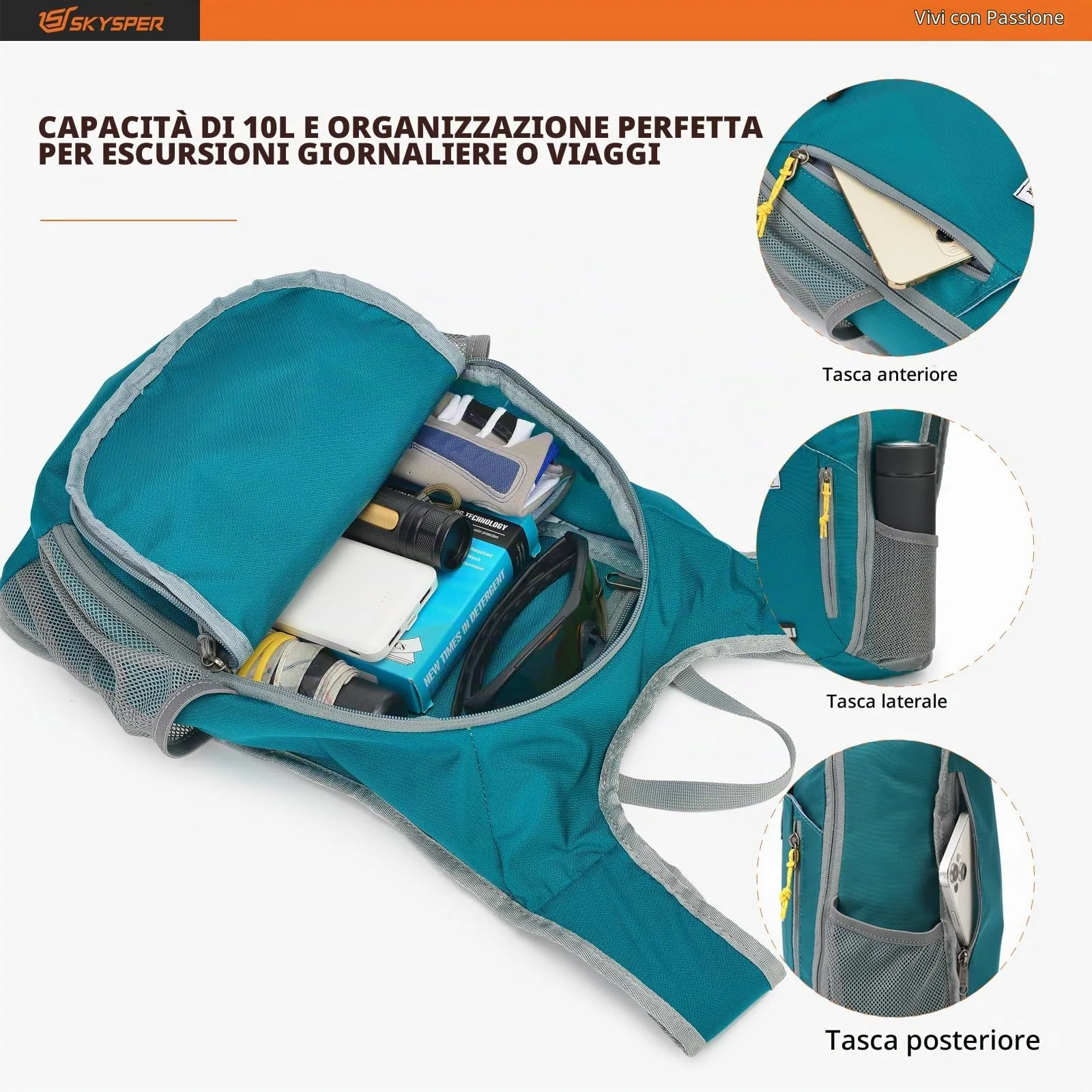 SKYSPER Zaino Pieghevole 10L Ultra Leggero Richiudibile - immagine 3