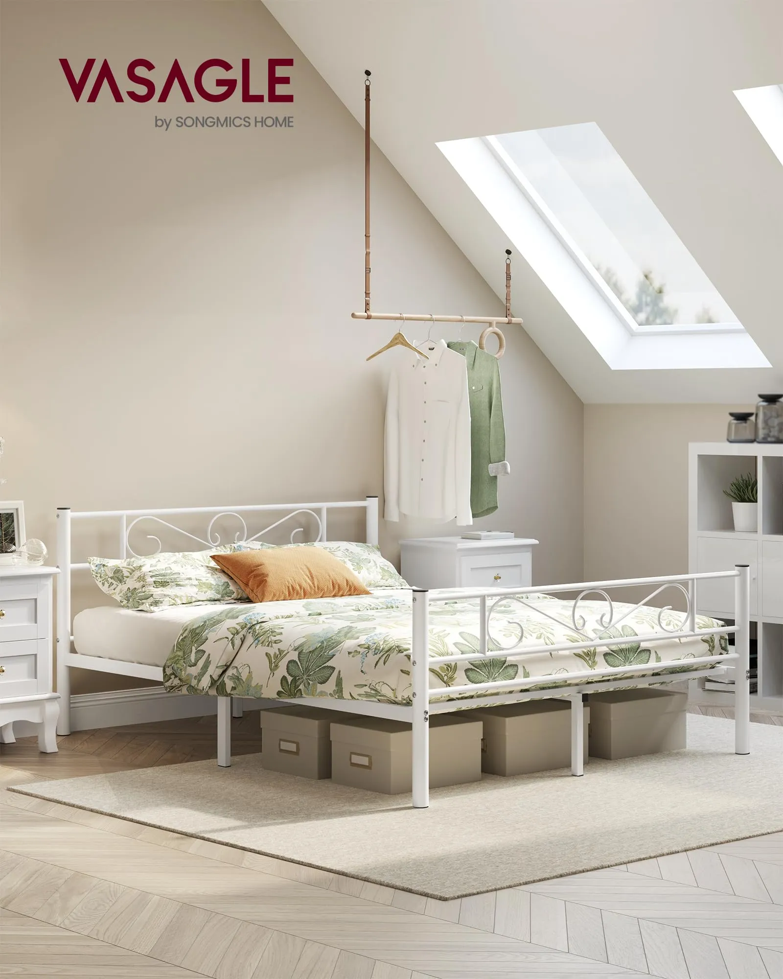 VASAGLE Struttura Letto a Doghe in Metallo, 160 x 200 cm, Bianco RMB065W01 - immagine 2