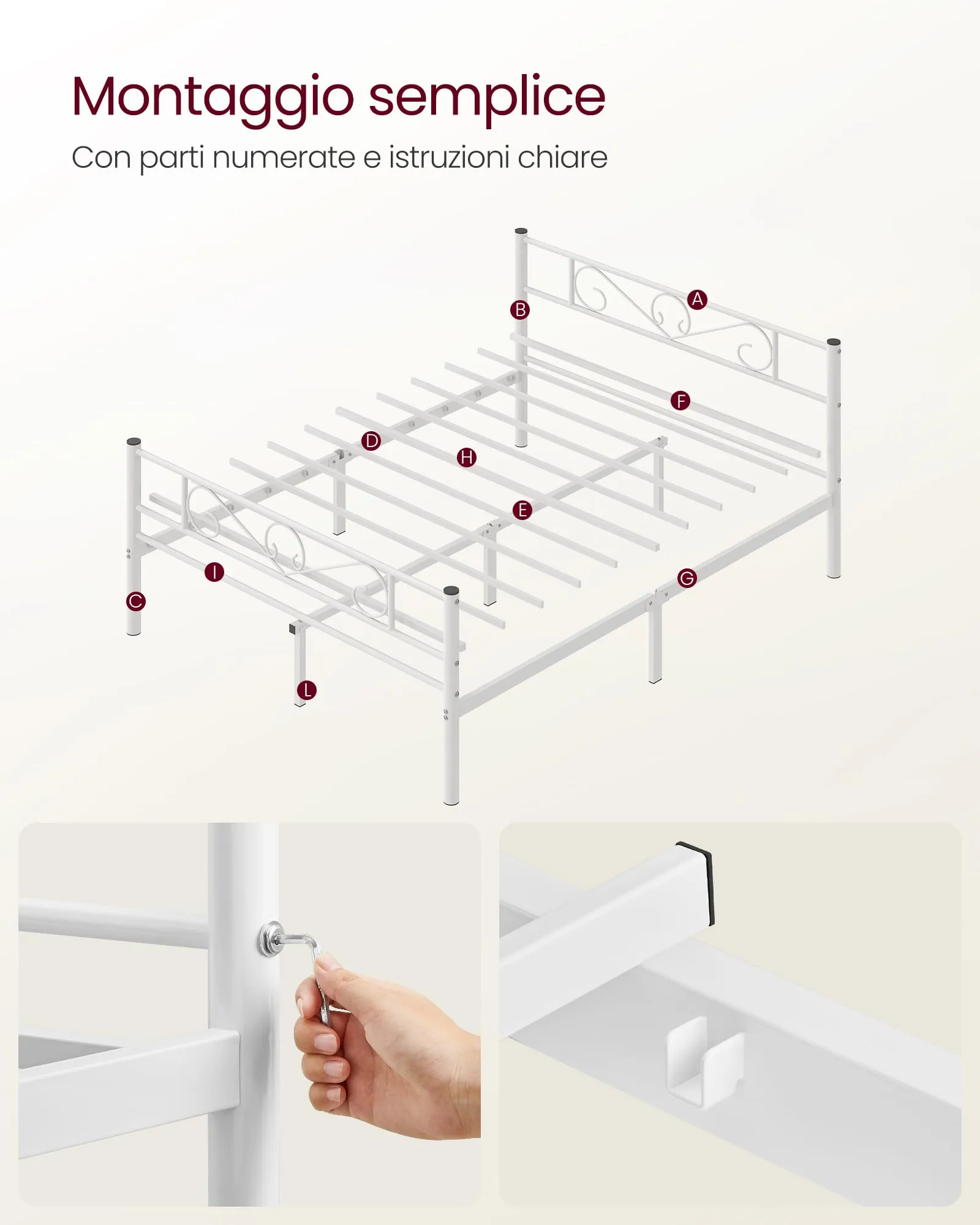 VASAGLE Struttura Letto a Doghe in Metallo, 160 x 200 cm, Bianco RMB065W01 - immagine 8