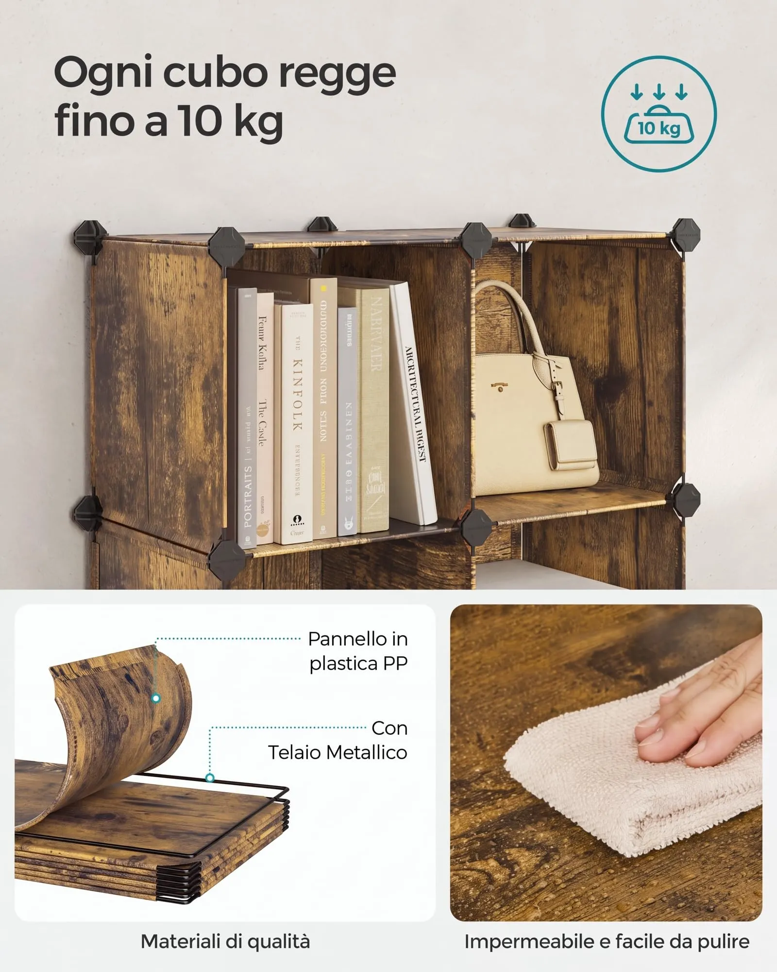 SONGMICS Scaffale a 6 Cubi Organizzatore Modulare in Plastica con Piedini, 30 x 30 x 30 cm, Marrone Vintage LPC111A01 - immagine 4