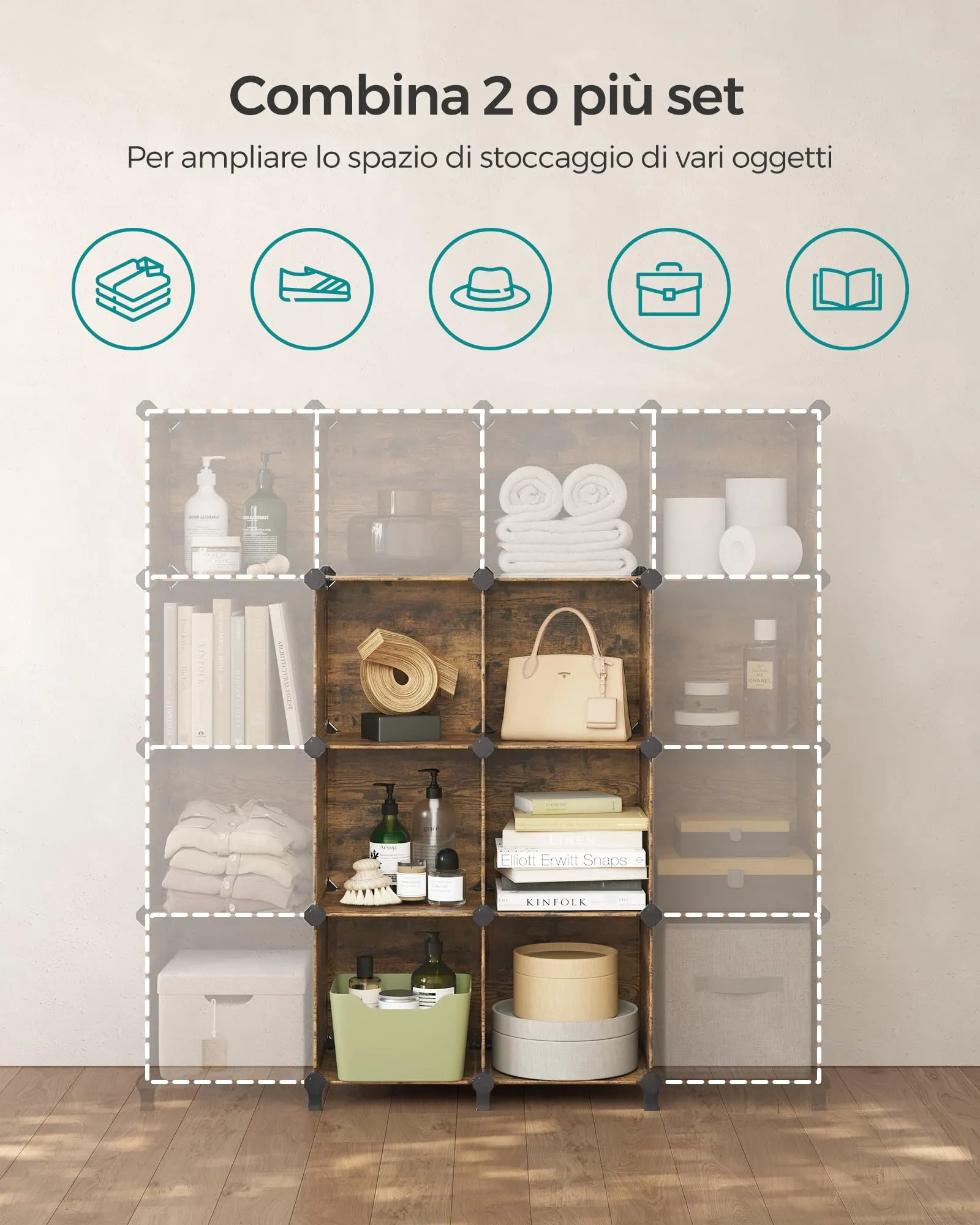 SONGMICS Scaffale a 6 Cubi Organizzatore Modulare in Plastica con Piedini, 30 x 30 x 30 cm, Marrone Vintage LPC111A01 - immagine 5
