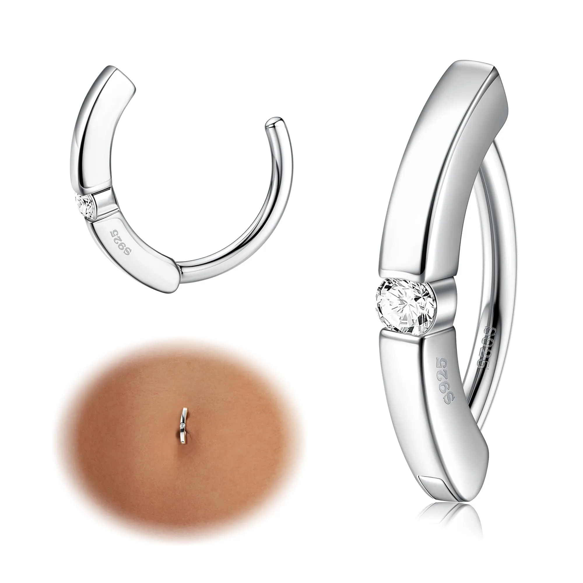 KRFY Anelli per Ombelico in Argento 925 14G con Diamanti Paved e Chiusura Clicker - immagine 1
