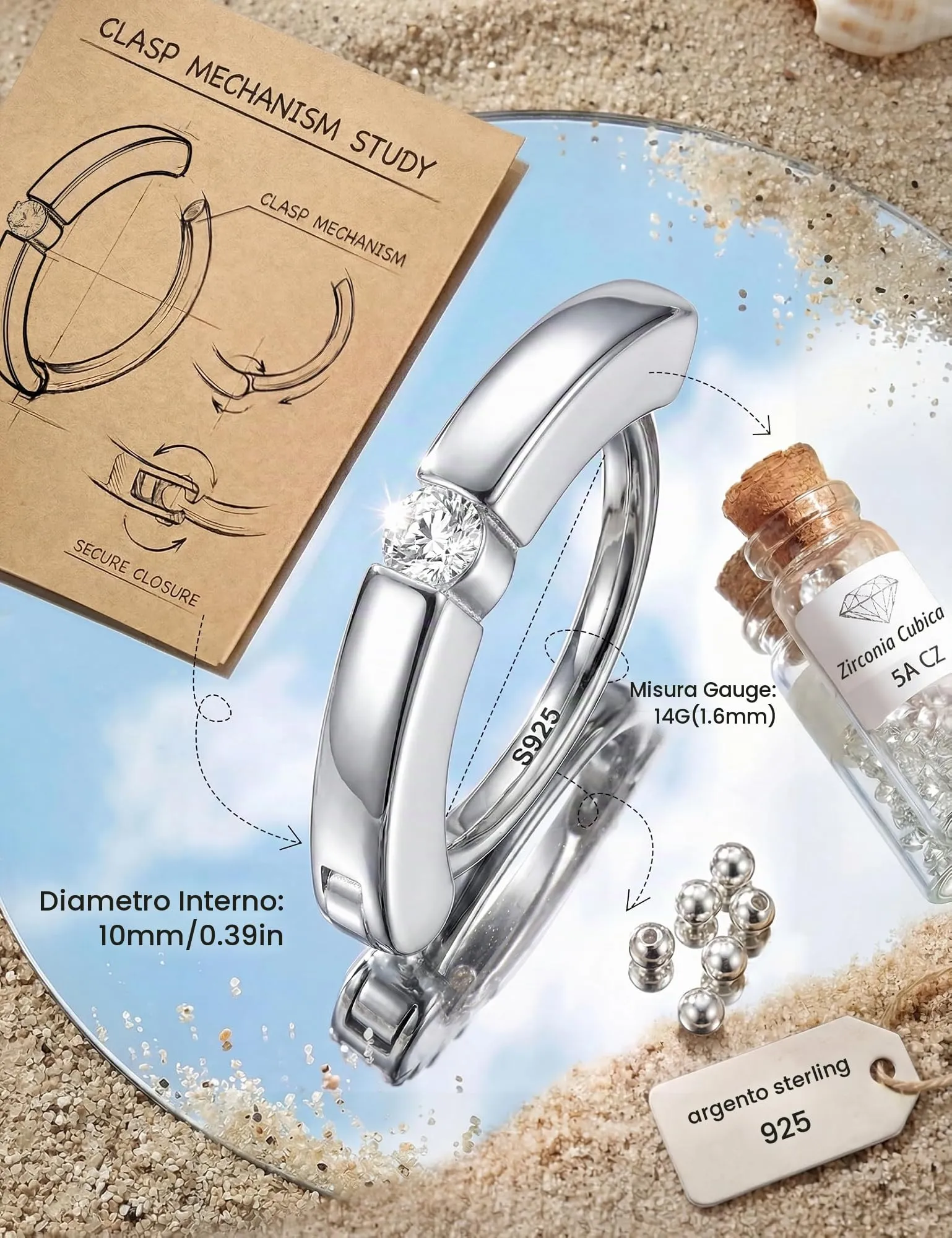KRFY Anelli per Ombelico in Argento 925 14G con Diamanti Paved e Chiusura Clicker - immagine 2