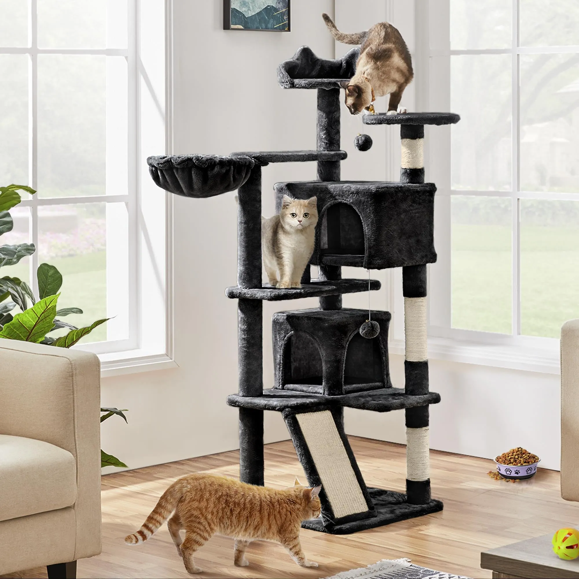 Yaheetech Albero Tiragraffi per Gatti in Sisal Naturale, 49 x 49 x 144,5 cm, Nero - immagine 3