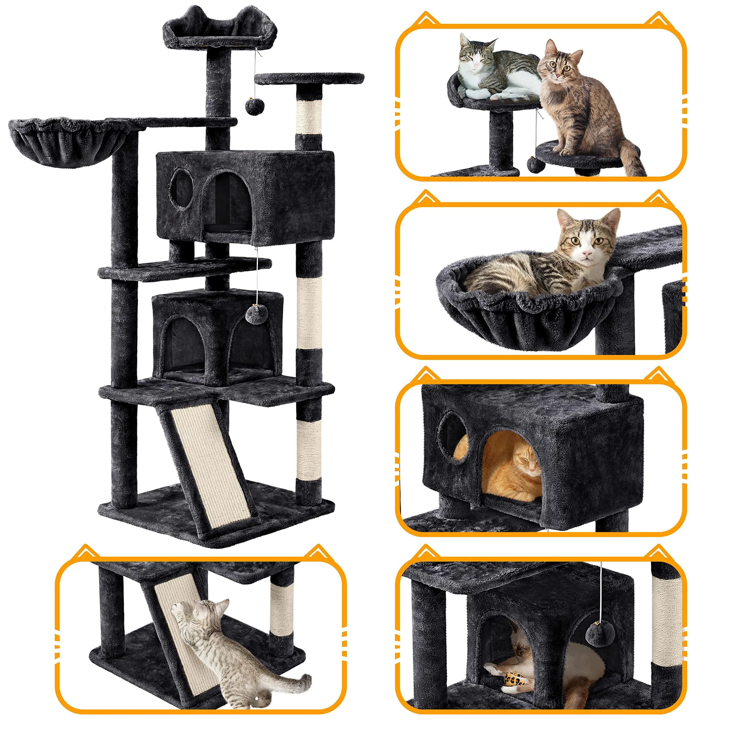 Yaheetech Albero Tiragraffi per Gatti in Sisal Naturale, 49 x 49 x 144,5 cm, Nero - immagine 5