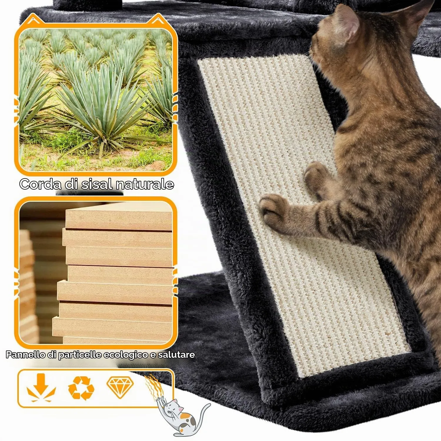 Yaheetech Albero Tiragraffi per Gatti in Sisal Naturale, 49 x 49 x 144,5 cm, Nero - immagine 7
