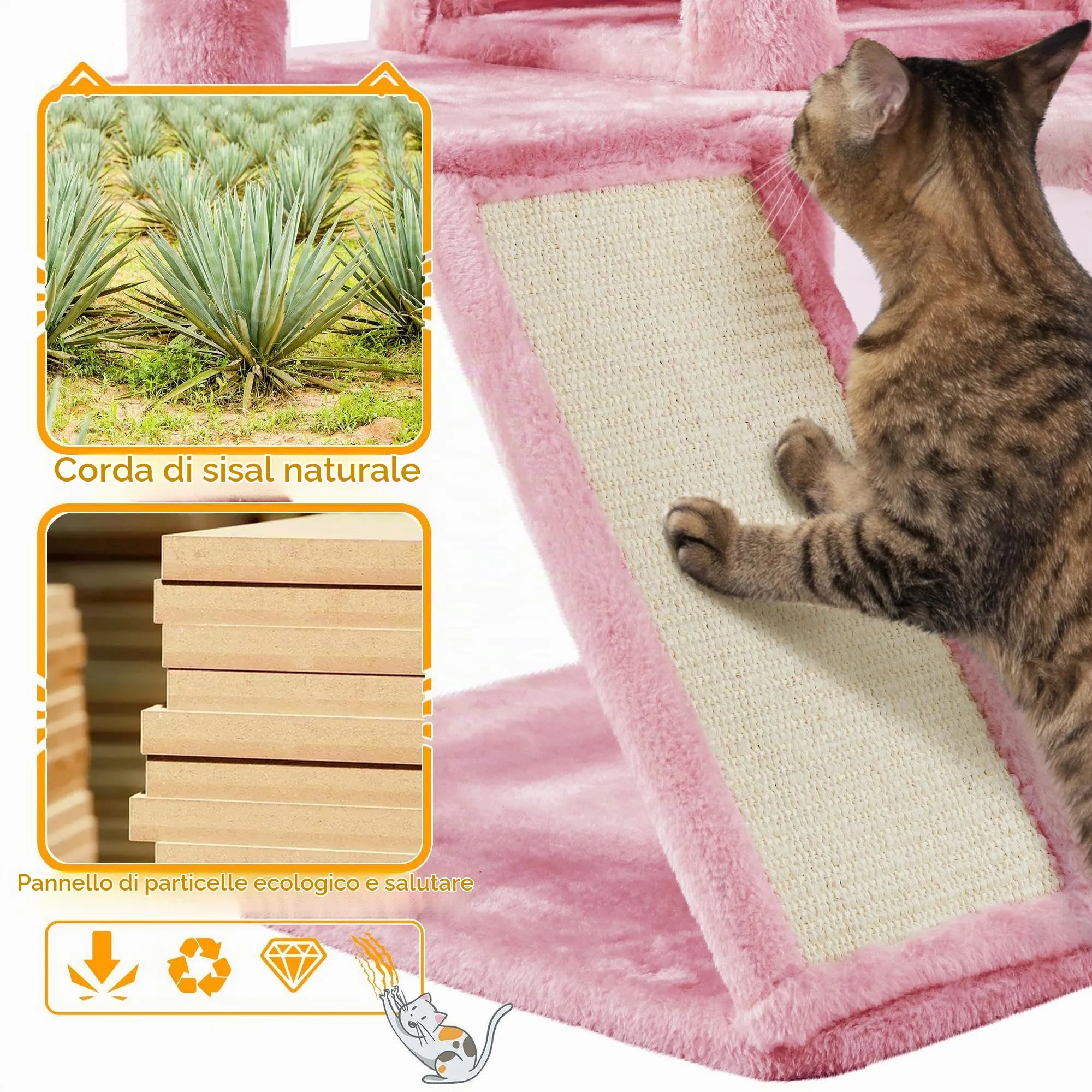 Yaheetech Albero Tiragraffi per Gatti in Sisal Naturale, 49 x 49 x 144,5 cm, Rosa - immagine 6