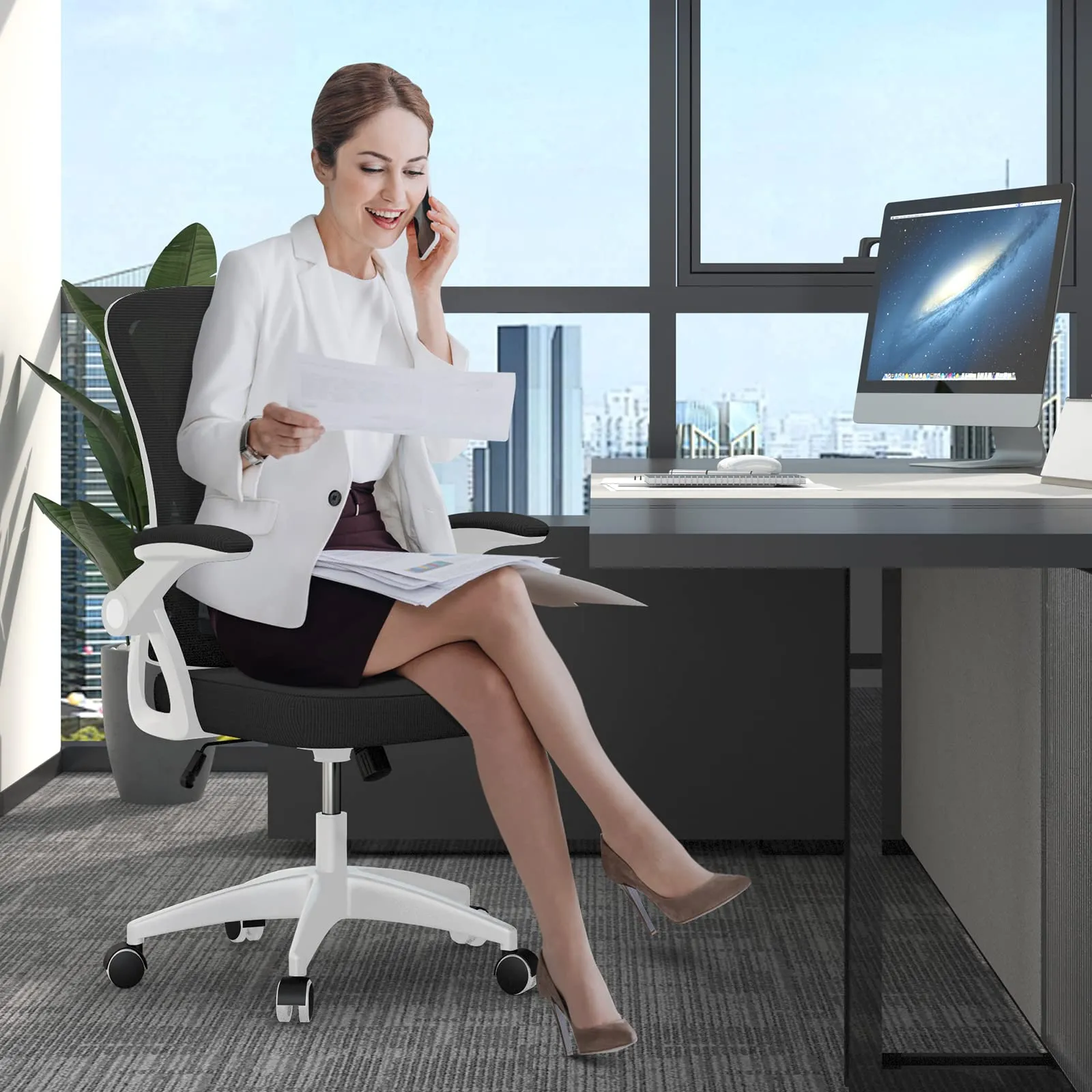 Rattantree Sedia Ufficio Ergonomica con Supporto Lombare e Braccioli Regolabili, Bianco e Nero - immagine 2