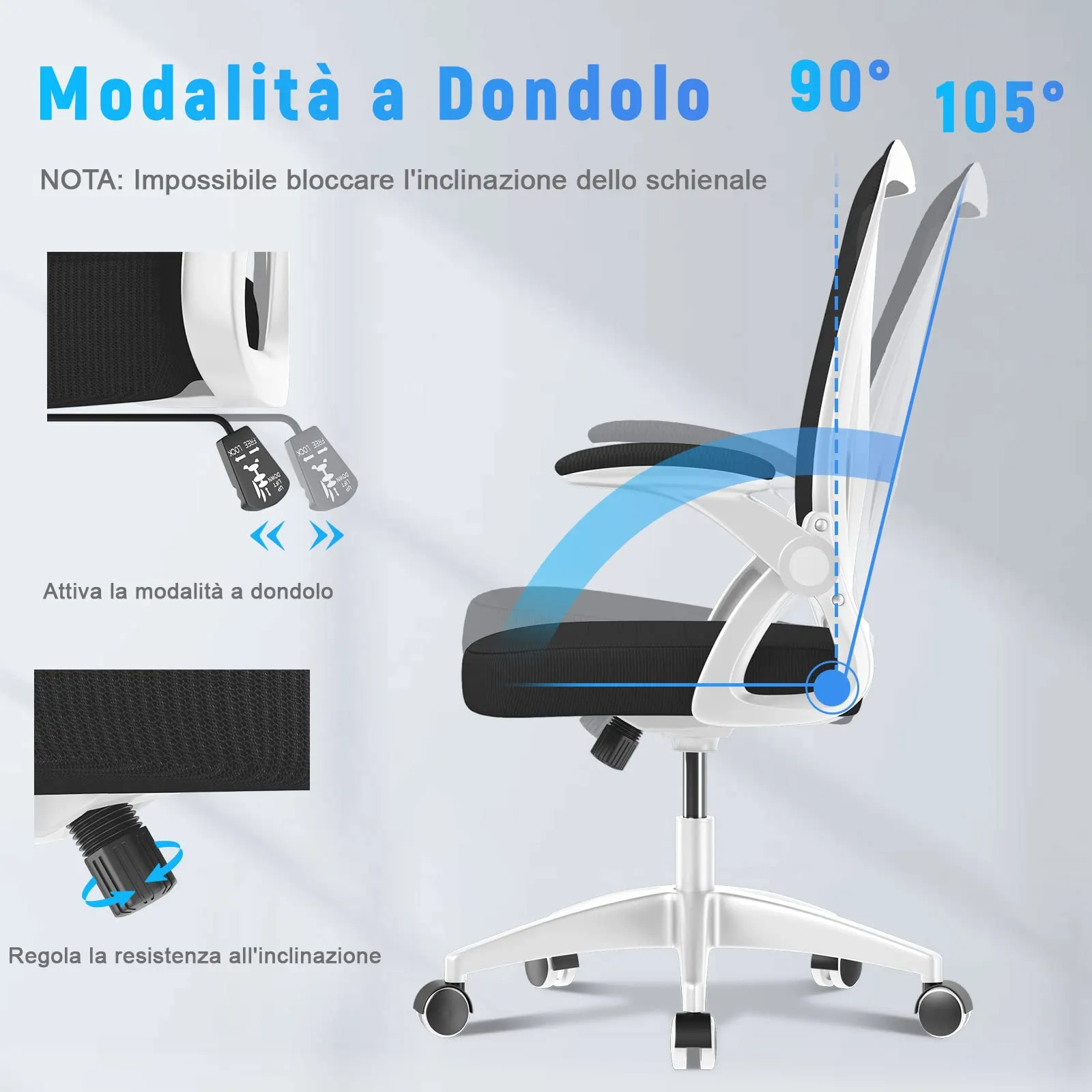 Rattantree Sedia Ufficio Ergonomica con Supporto Lombare e Braccioli Regolabili, Bianco e Nero - immagine 4