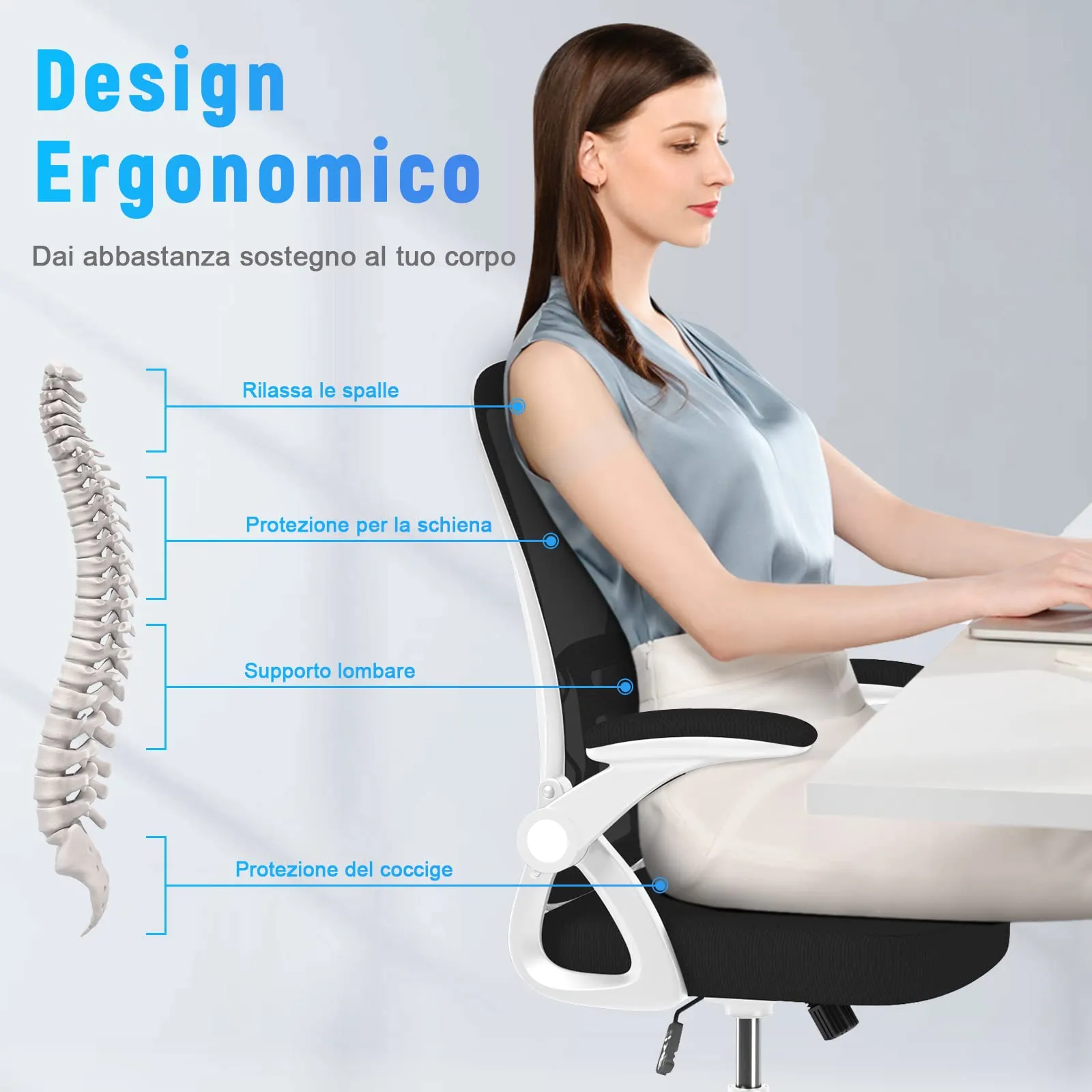 Rattantree Sedia Ufficio Ergonomica con Supporto Lombare e Braccioli Regolabili, Bianco e Nero - immagine 5
