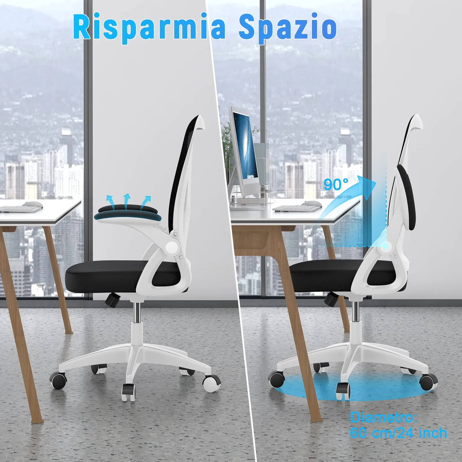 Rattantree Sedia Ufficio Ergonomica con Supporto Lombare e Braccioli Regolabili, Bianco e Nero - immagine 6