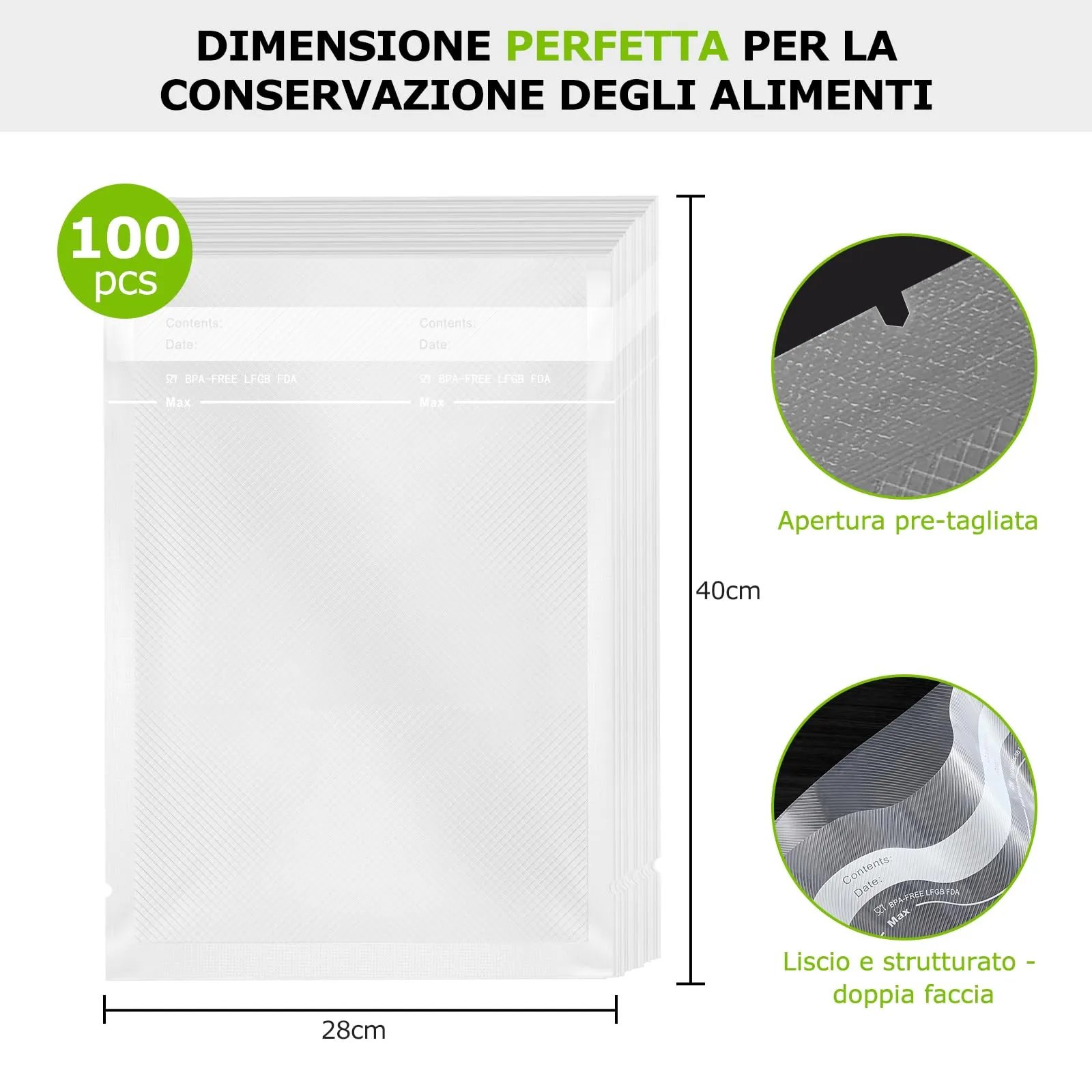 Bonsenkitchen Sacchetti Sottovuoto Alimenti 28x40cm, 100 Buste - immagine 2
