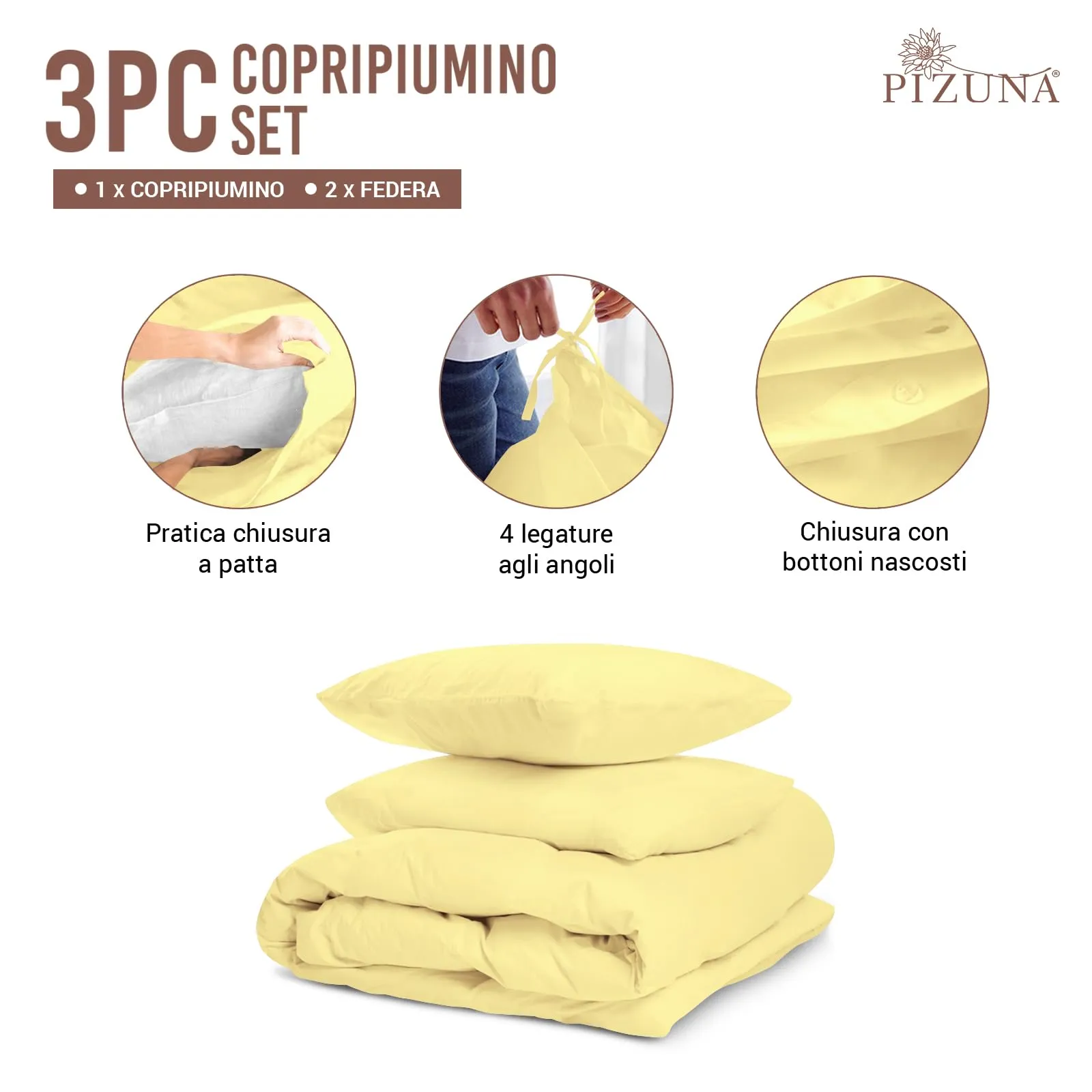 Pizuna Linens Set Copripiumino in Cotone Sateen 400 Fili, Giallo, 200x200 cm, 3 Pezzi - immagine 3
