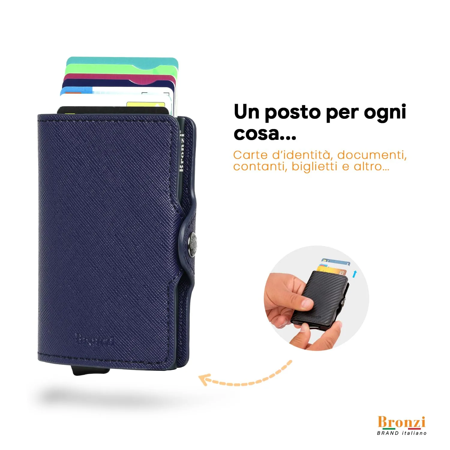 Bronzi Portafoglio Porta Carte di Credito Slim RFID per Uomo, Saffiano Blu Scuro - immagine 2