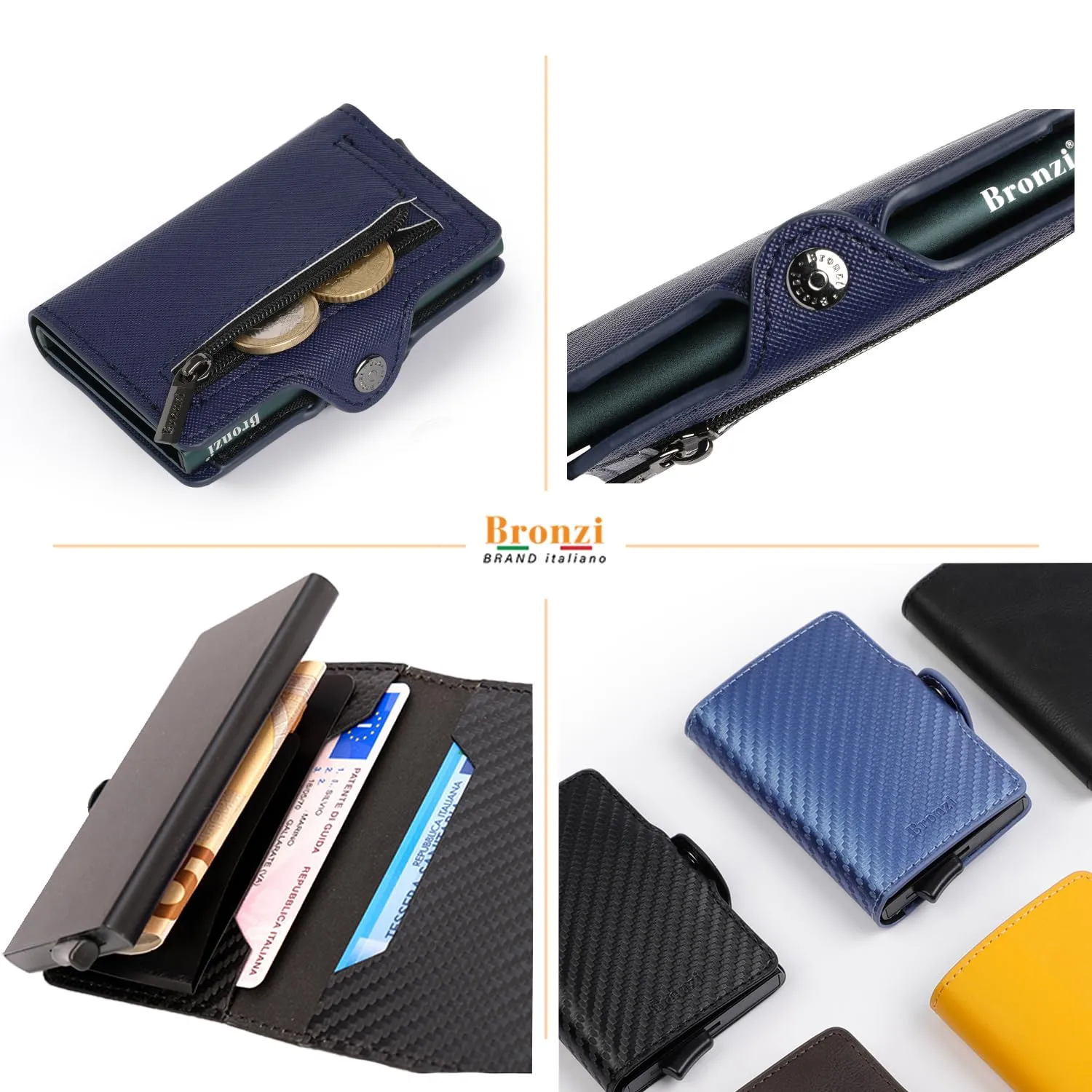 Bronzi Portafoglio Porta Carte di Credito Slim RFID per Uomo, Saffiano Blu Scuro - immagine 4