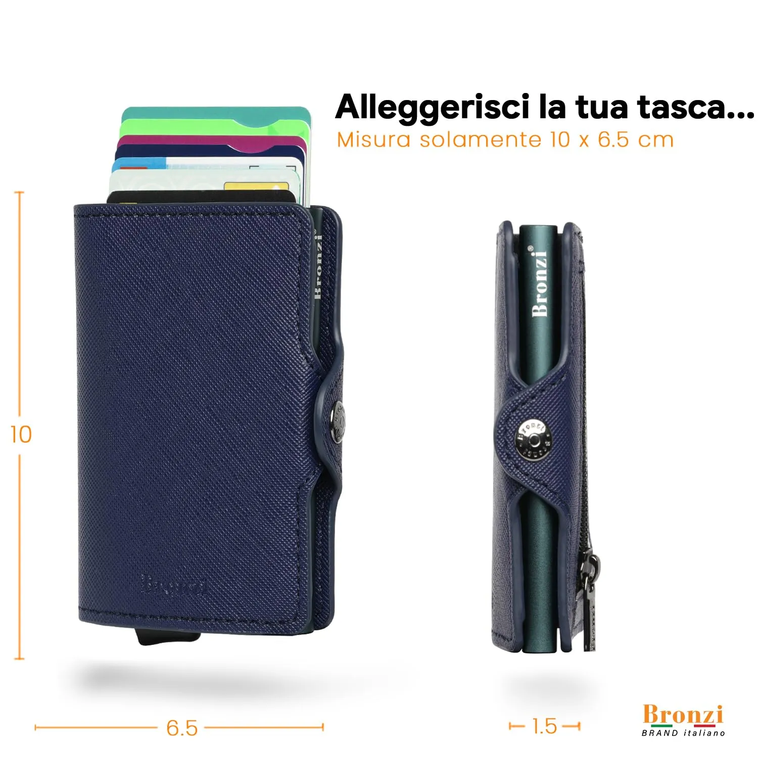 Bronzi Portafoglio Porta Carte di Credito Slim RFID per Uomo, Saffiano Blu Scuro - immagine 5