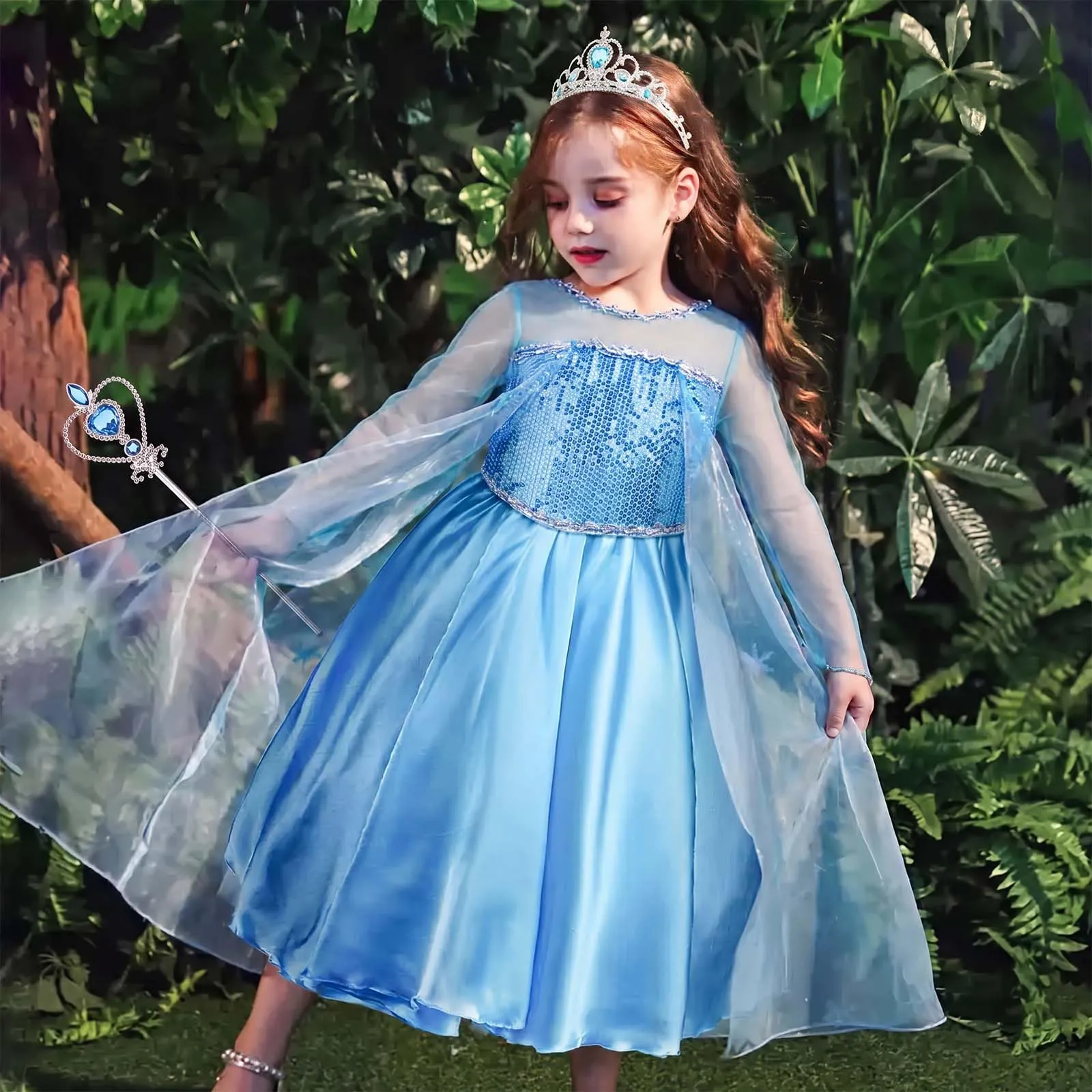 Vicloon Costume Principessa per Ragazze, Set con Corona e Bacchetta, Abito Cosplay per Halloween e Natale - immagine 6
