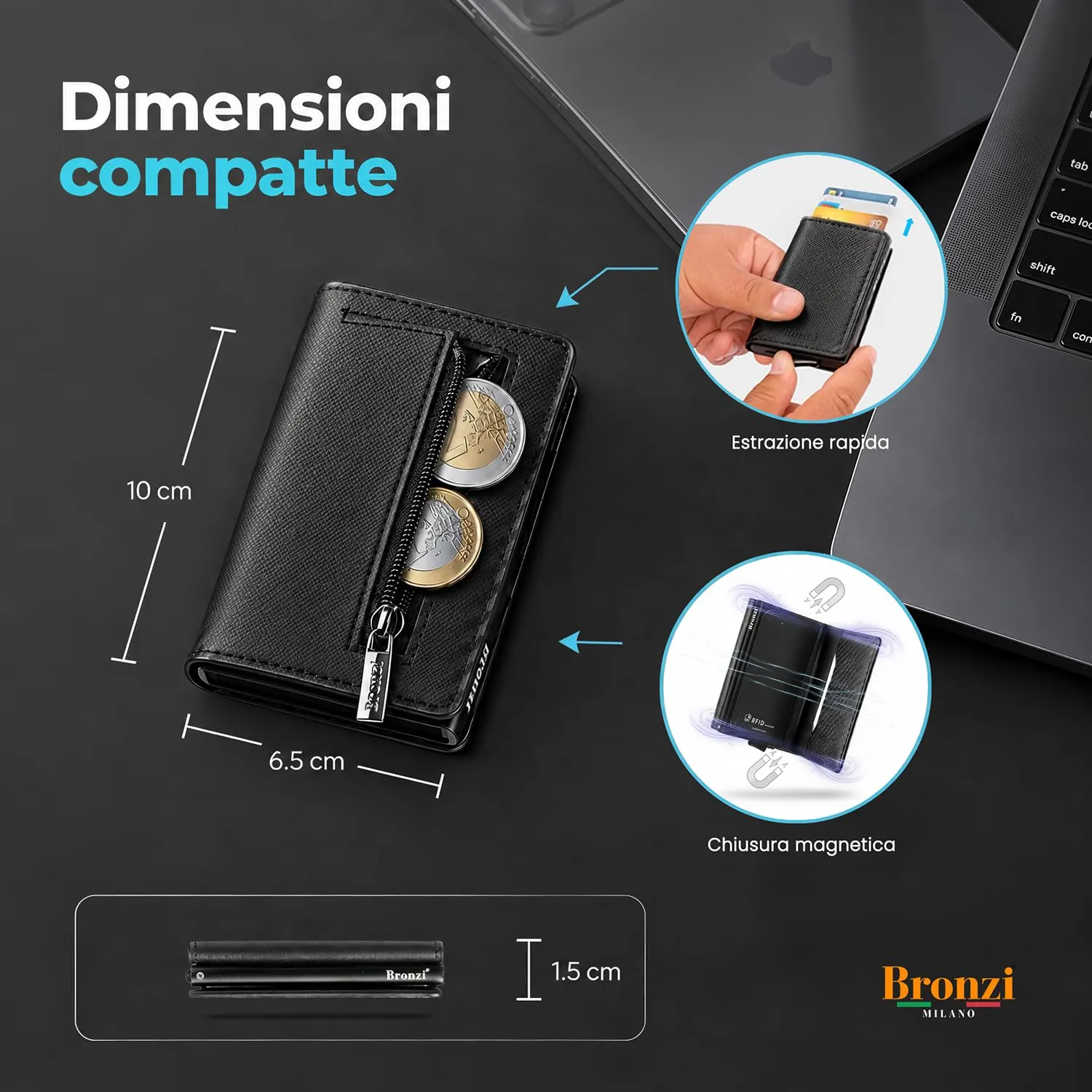 Bronzi Portafoglio Porta Carte Credito Slim con Protezione RFID (Nero Saffiano ZIP) - immagine 2