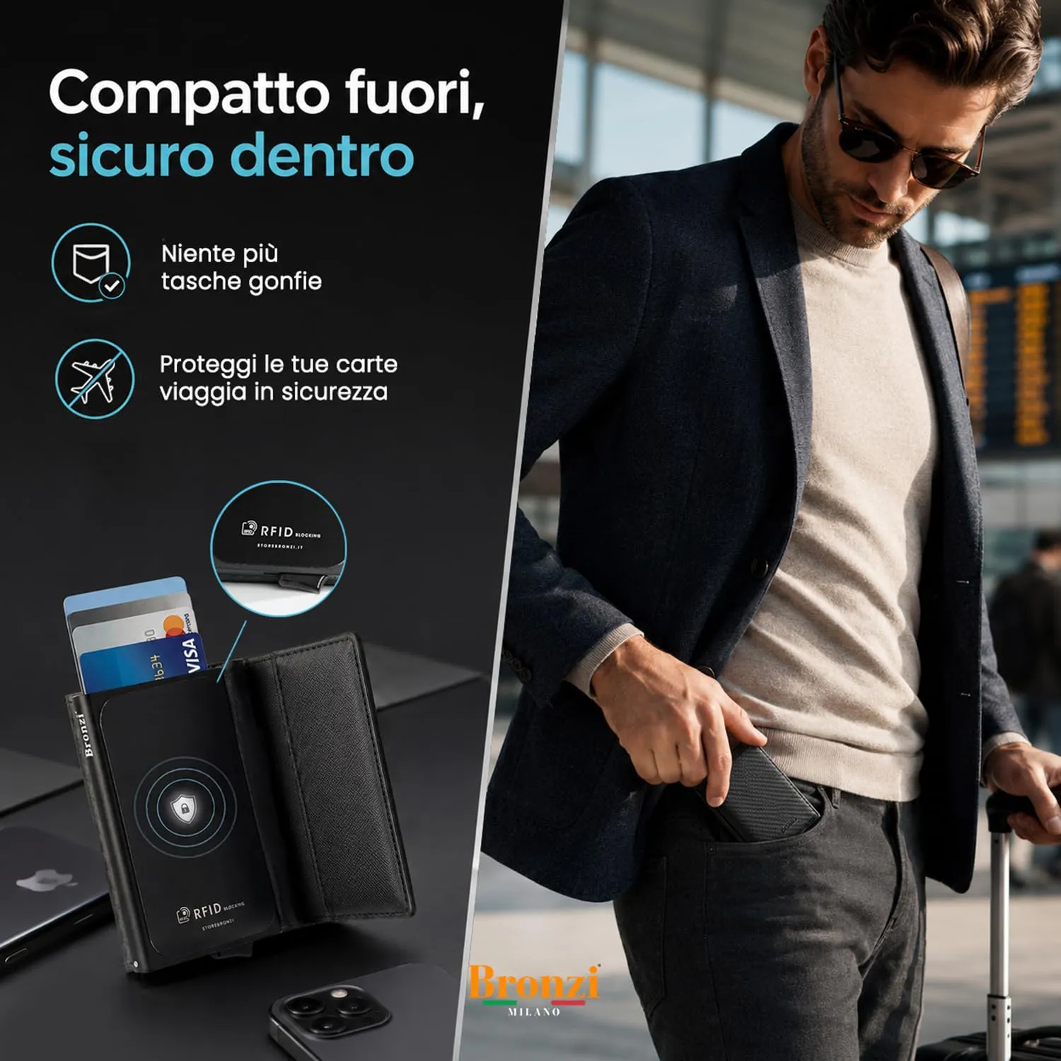 Bronzi Portafoglio Porta Carte Credito Slim con Protezione RFID (Nero Saffiano ZIP) - immagine 4