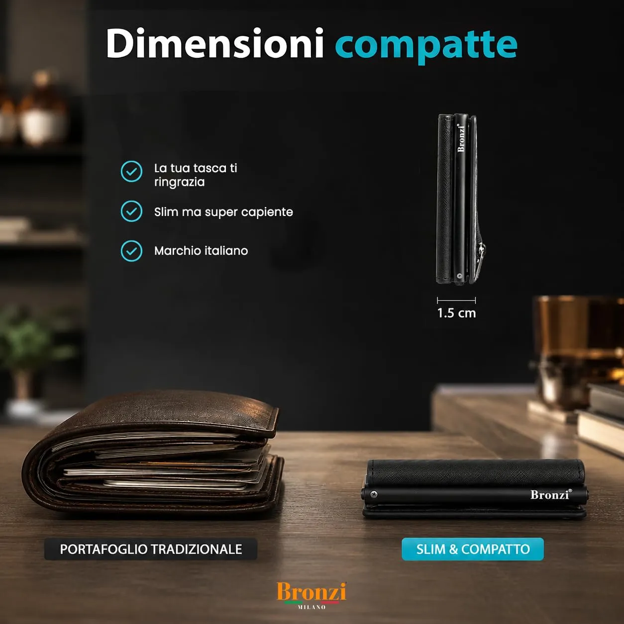Bronzi Portafoglio Porta Carte Credito Slim con Protezione RFID (Nero Saffiano ZIP) - immagine 5