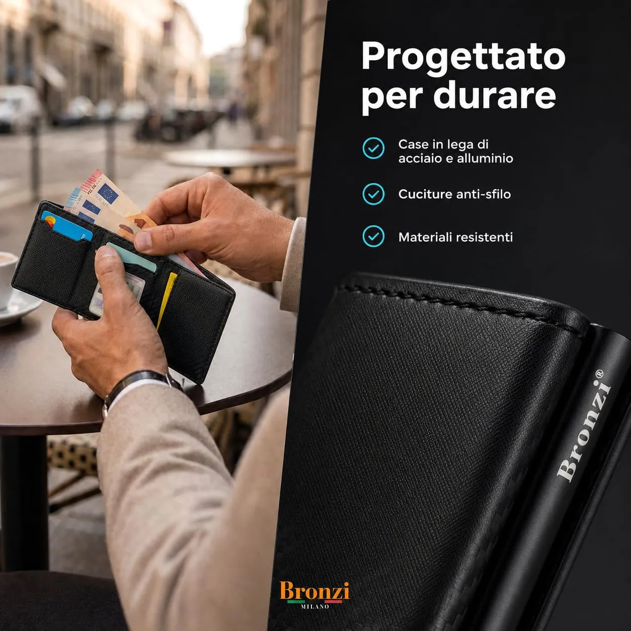 Bronzi Portafoglio Porta Carte Credito Slim con Protezione RFID (Nero Saffiano ZIP) - immagine 6