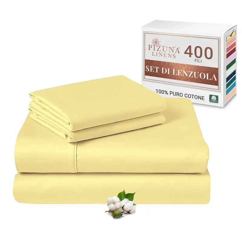 Pizuna Linens Set Lenzuola Letto Matrimoniale in Cotone 140x200cm, Giallo, 400 Fili, 4 Pezzi - immagine 1
