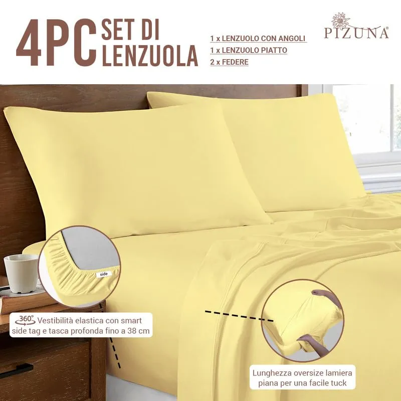 Pizuna Linens Set Lenzuola Letto Matrimoniale in Cotone 140x200cm, Giallo, 400 Fili, 4 Pezzi - immagine 3