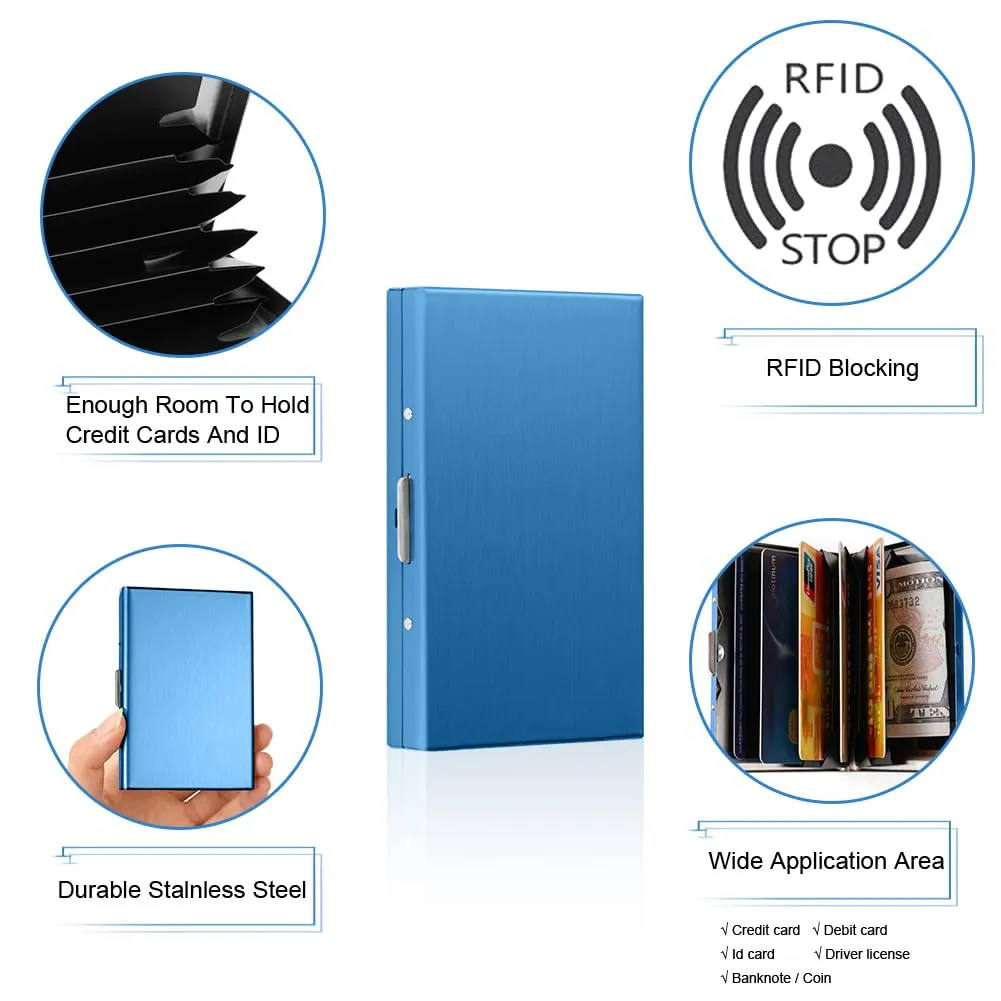 Vicloon Porta Carte di Credito in Acciaio Inossidabile Anti RFID e NFC, Blu - immagine 5
