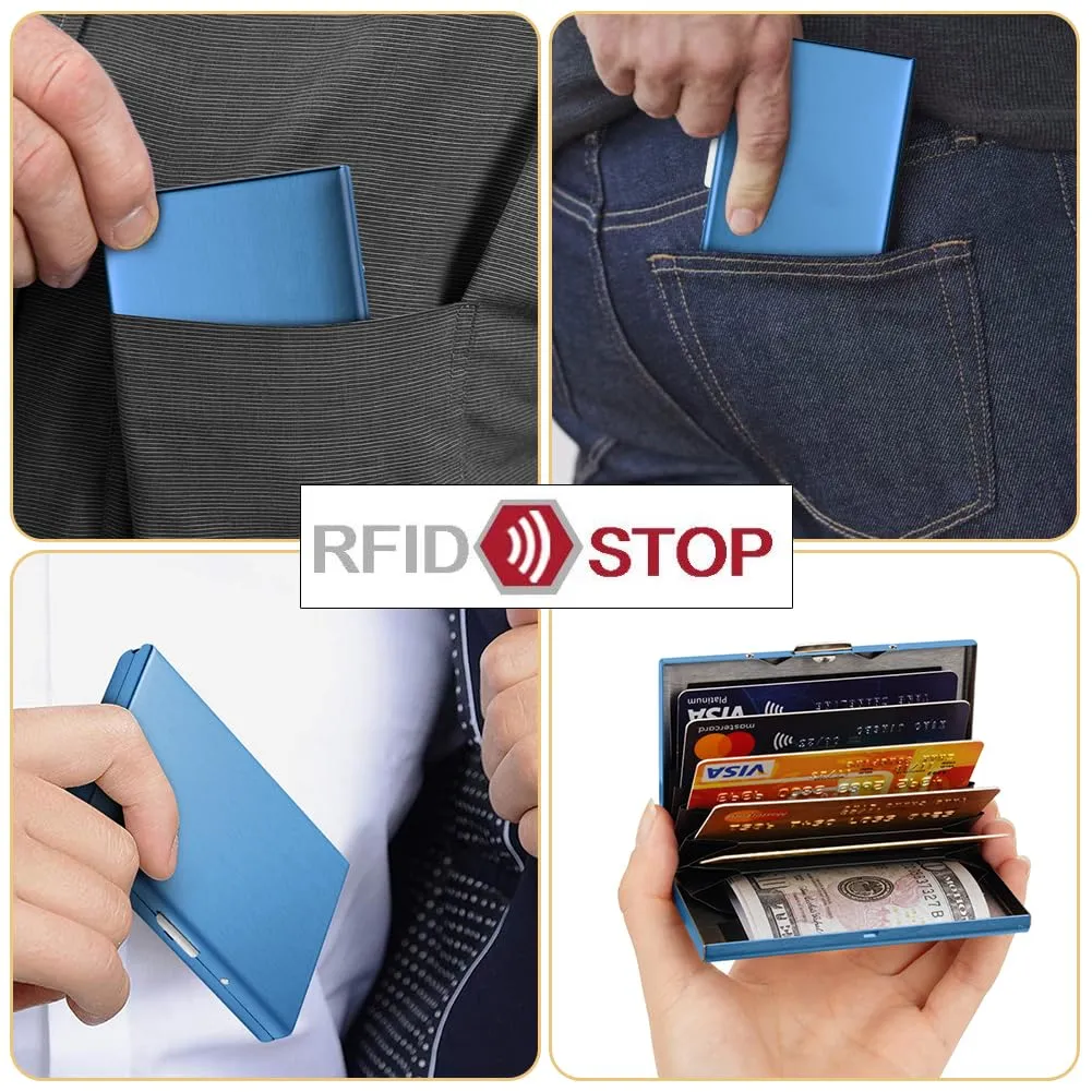 Vicloon Porta Carte di Credito in Acciaio Inossidabile Anti RFID e NFC, Blu - immagine 7