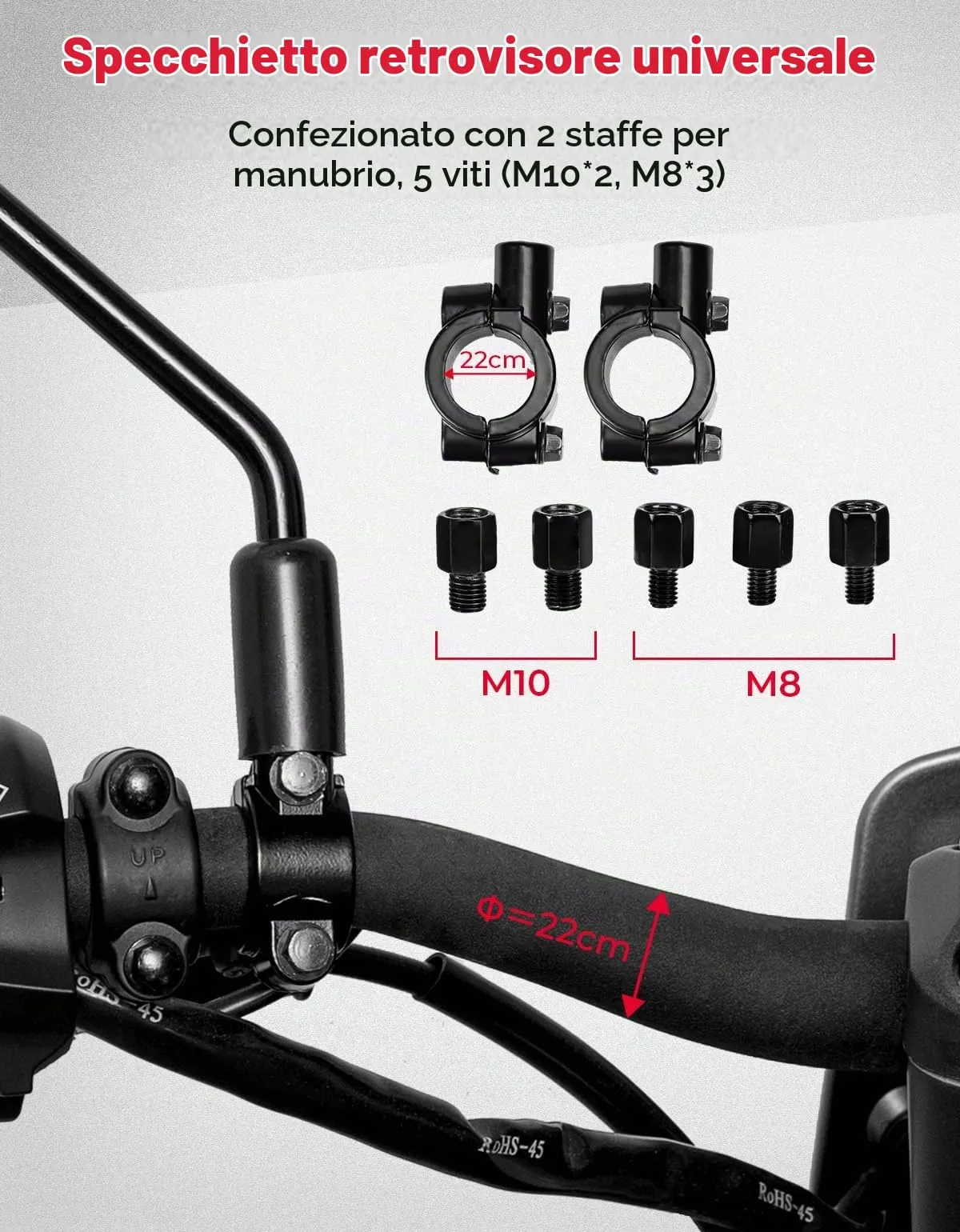 KEMIMOTO Specchietti Retrovisori Laterali Universali, Base Rotonda, Adattatore Manubrio 22 mm, Bulloni M10 e M8 - immagine 4