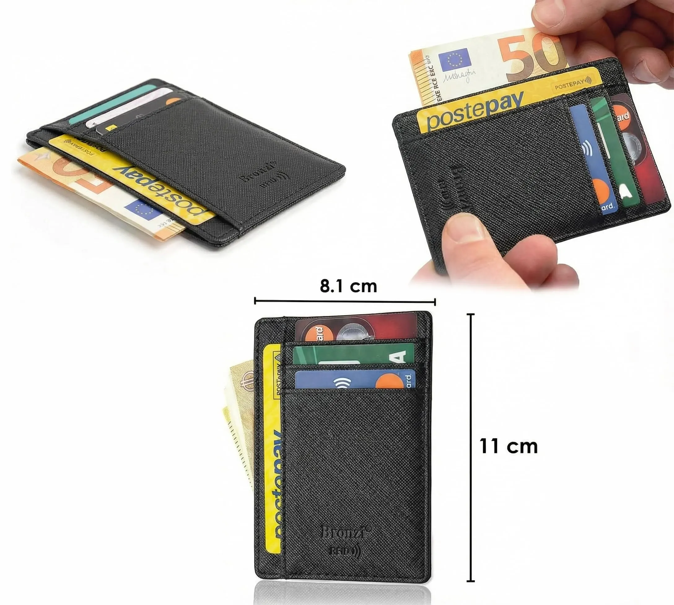 Bronzi Portafoglio Slim RFID Nero Saffiano in Pelle Sintetica per Uomo e Donna - immagine 2