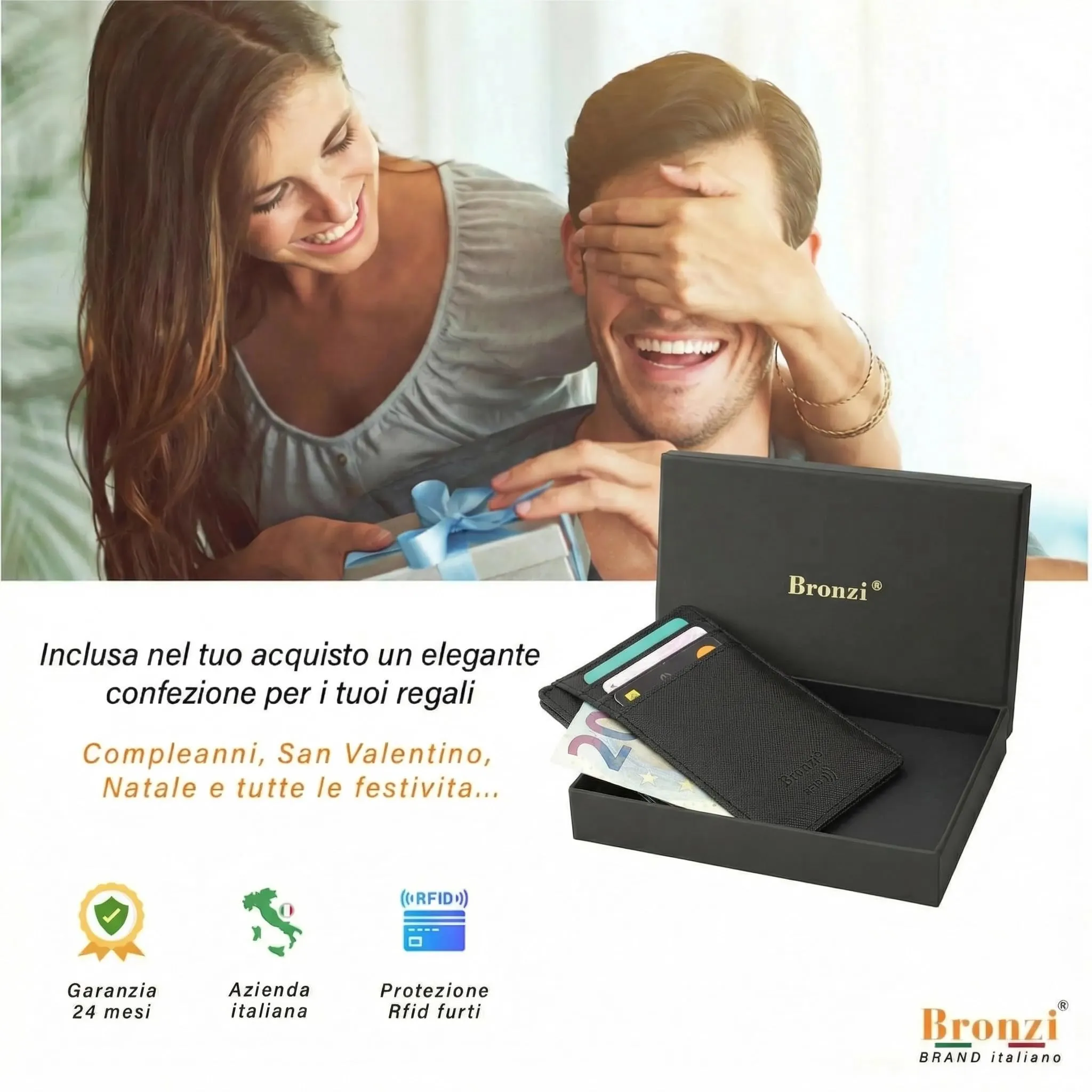 Bronzi Portafoglio Slim RFID Nero Saffiano in Pelle Sintetica per Uomo e Donna - immagine 6