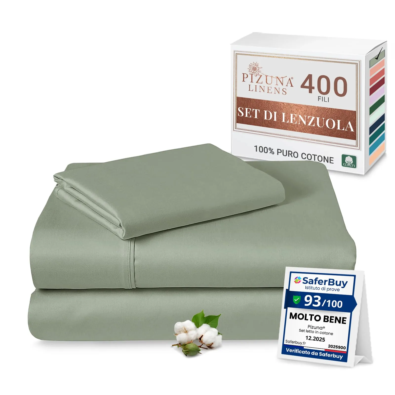 Pizuna Linens Set Lenzuola Letto Singolo in Cotone Sateen 400 Fili, 90x200, Verde - immagine 1