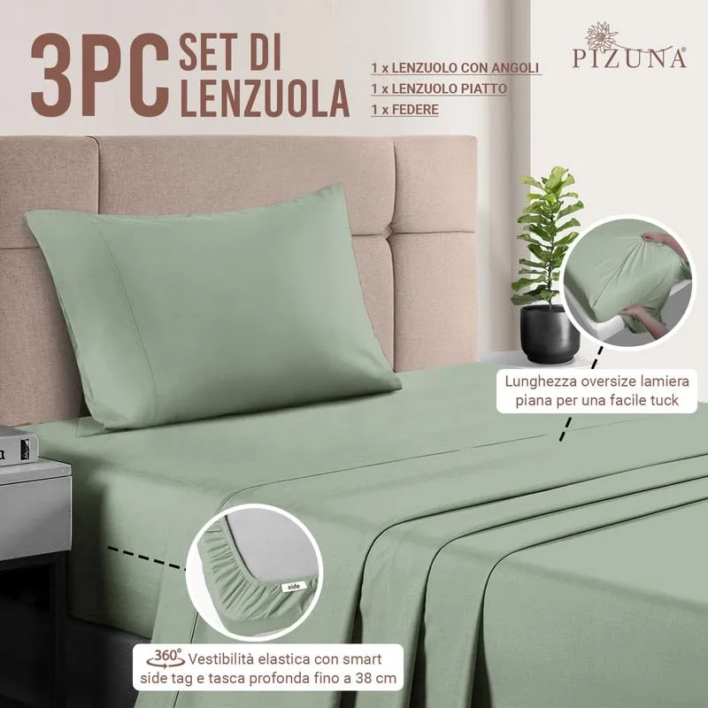 Pizuna Linens Set Lenzuola Letto Singolo in Cotone Sateen 400 Fili, 90x200, Verde - immagine 3