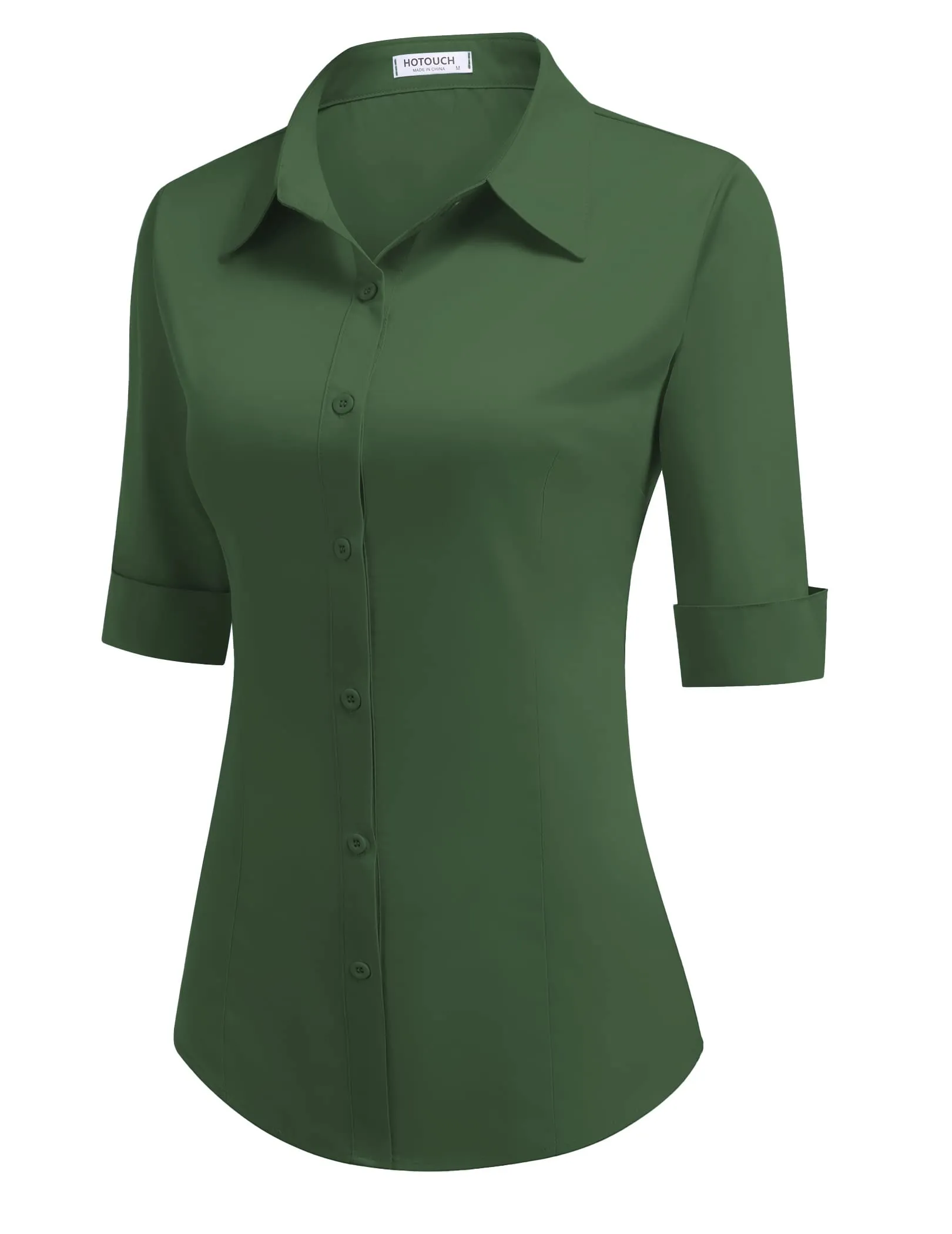 Hotouch Camicetta da Donna in Cotone, Manica a 3/4, Scollo a V, Slim Fit, Verde Scuro, L - immagine 2