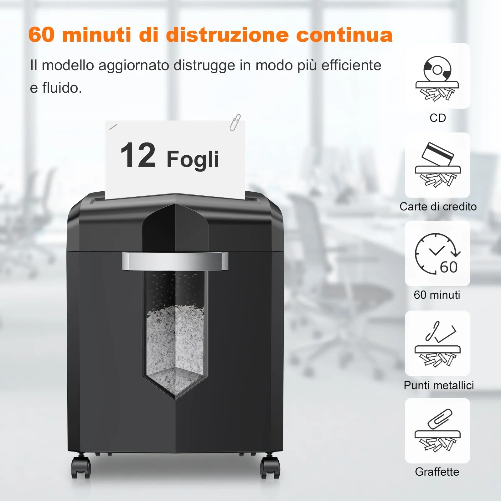 Bonsaii C266-B Distruggidocumenti 12 Fogli, Taglio a Micro Frammenti, 60 Minuti di Funzionamento Continuo - immagine 2