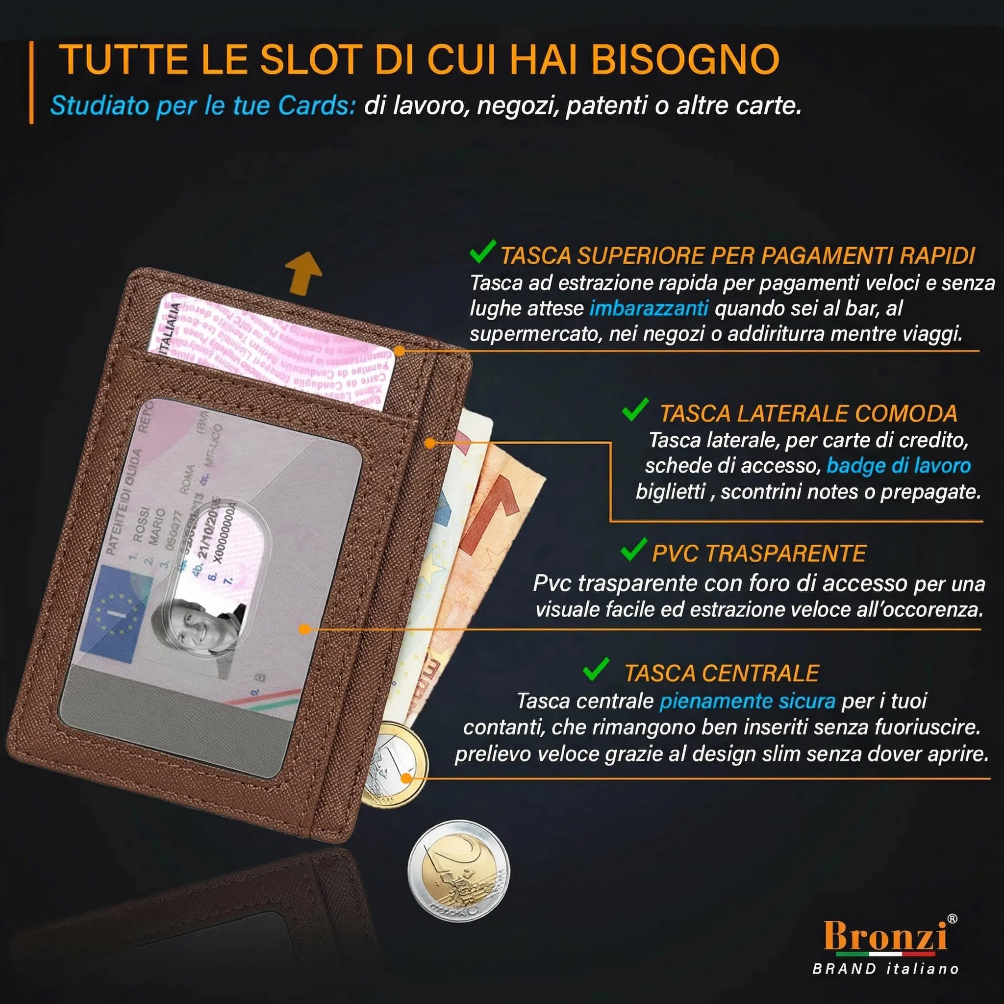 Bronzi Portafoglio Slim RFID in Similpelle Saffiano Caffè - immagine 4