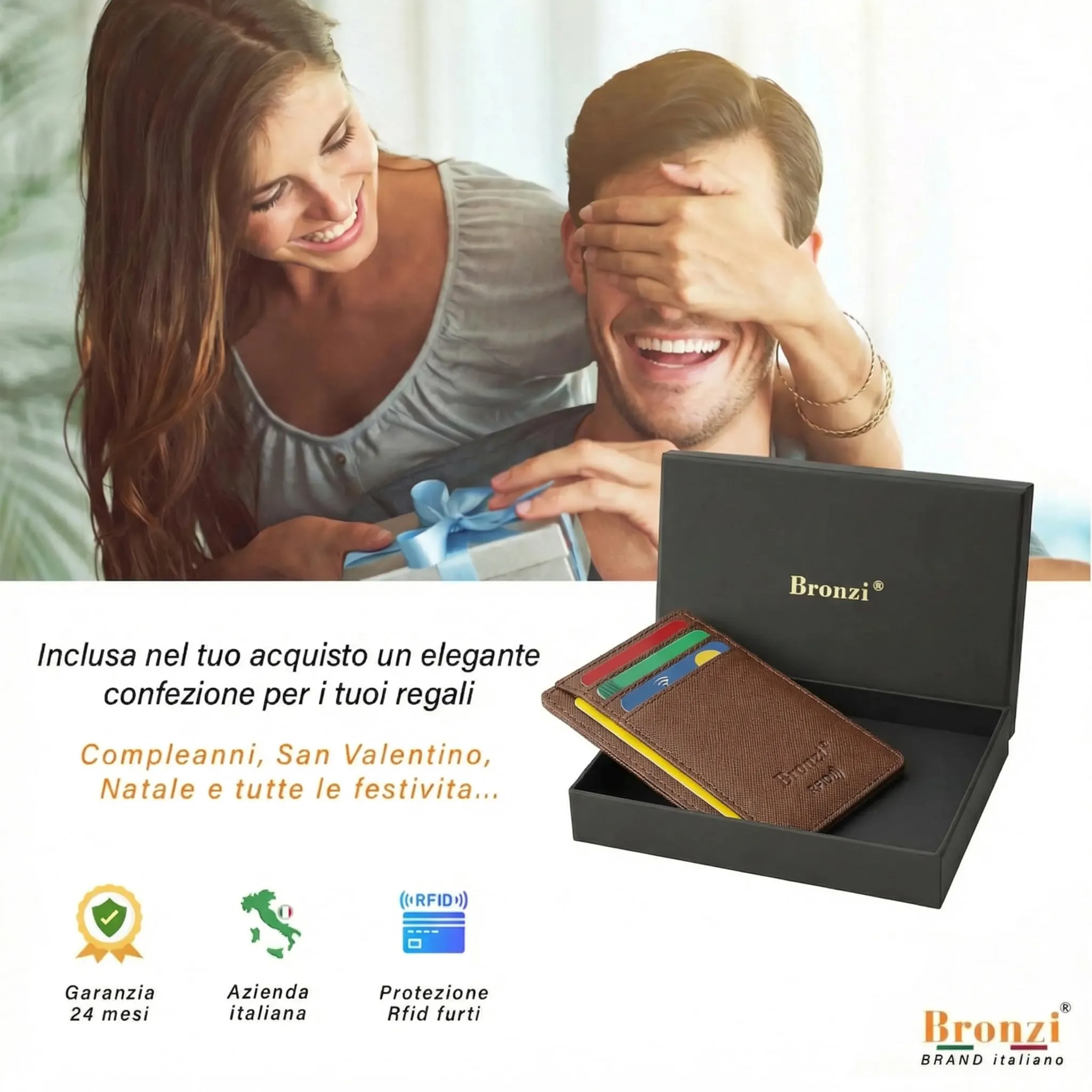 Bronzi Portafoglio Slim RFID in Similpelle Saffiano Caffè - immagine 8